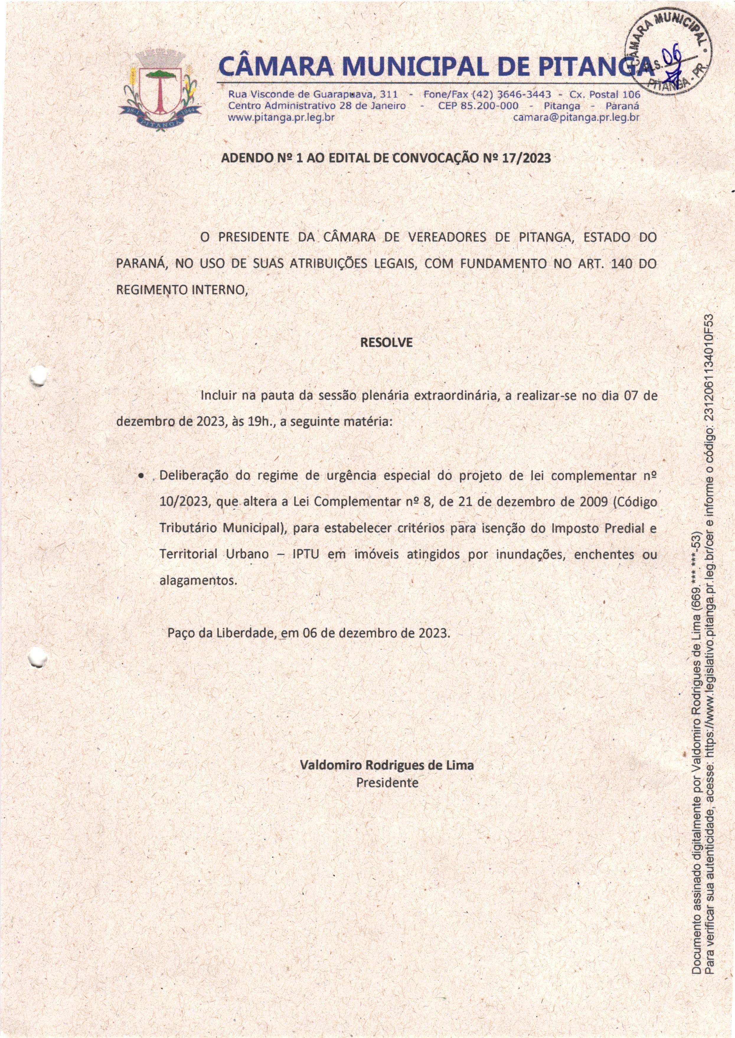 ADENDO Nº 1 AO EDITAL DE CONVOCAÇÃO Nº 17/2023