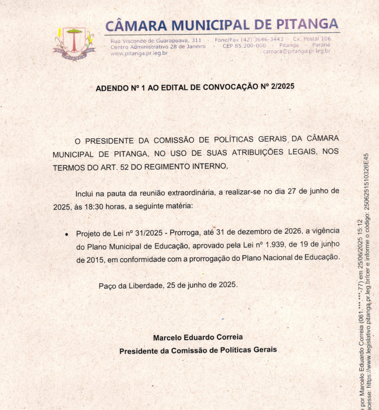 ADENDO Nº 1 AO EDITAL DE CONVOCAÇÃO Nº 2/2025