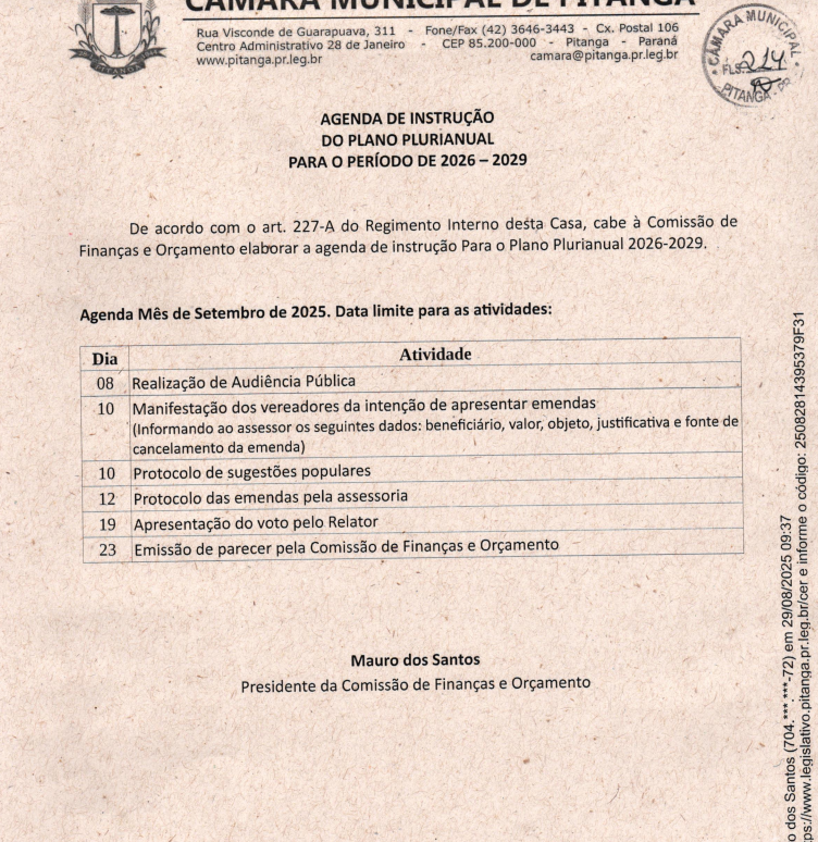 AGENDA DE INSTRUÇÃO  DO PLANO PLURIANUAL PARA O PERÍODO DE 2026 – 2029