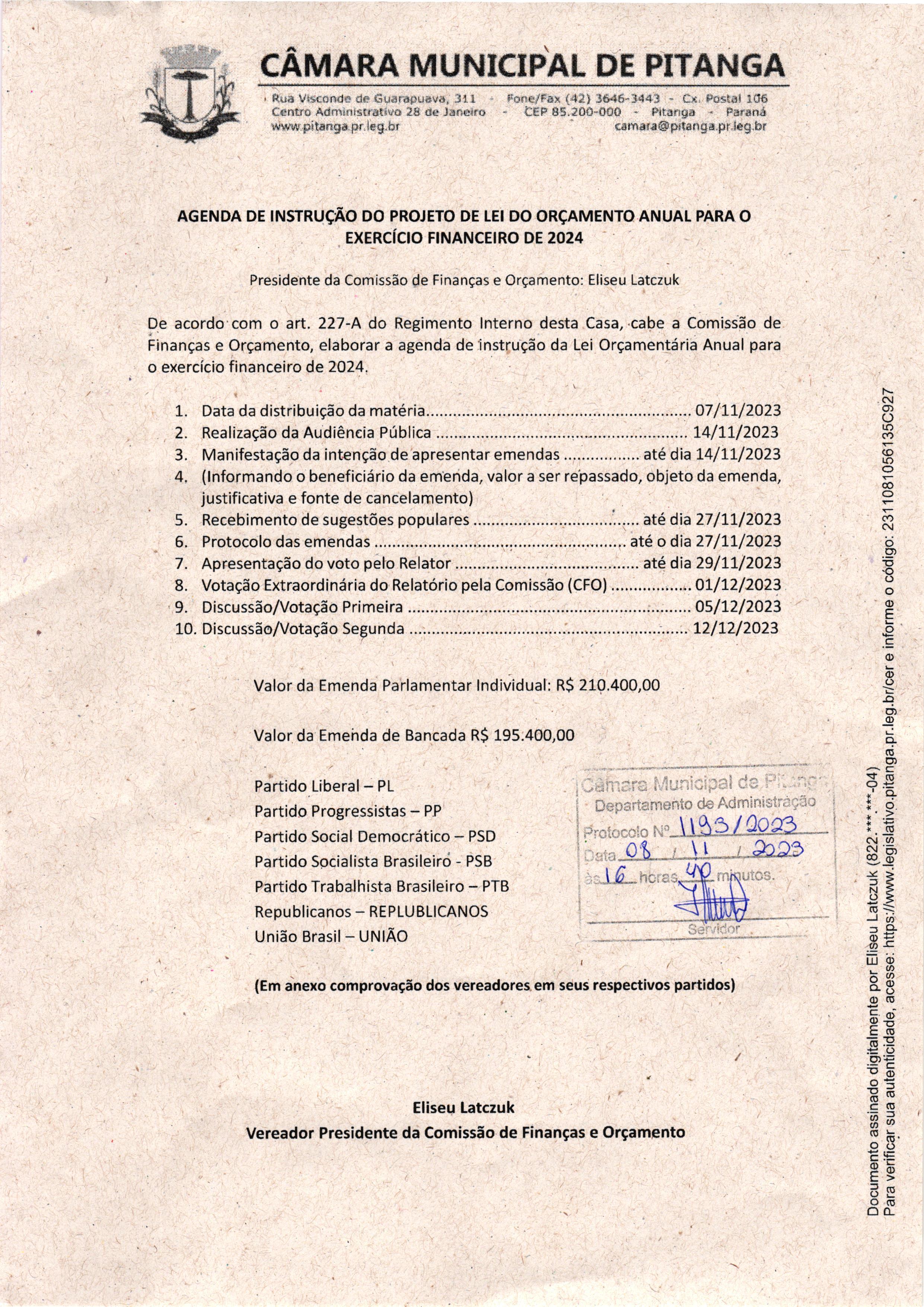 AGENDA DE INSTRUÇÃO DO PROJETO DE LEI DO ORÇAMENTO ANUAL PARA O EXERCÍCIO FINANCEIRO DE 2024 