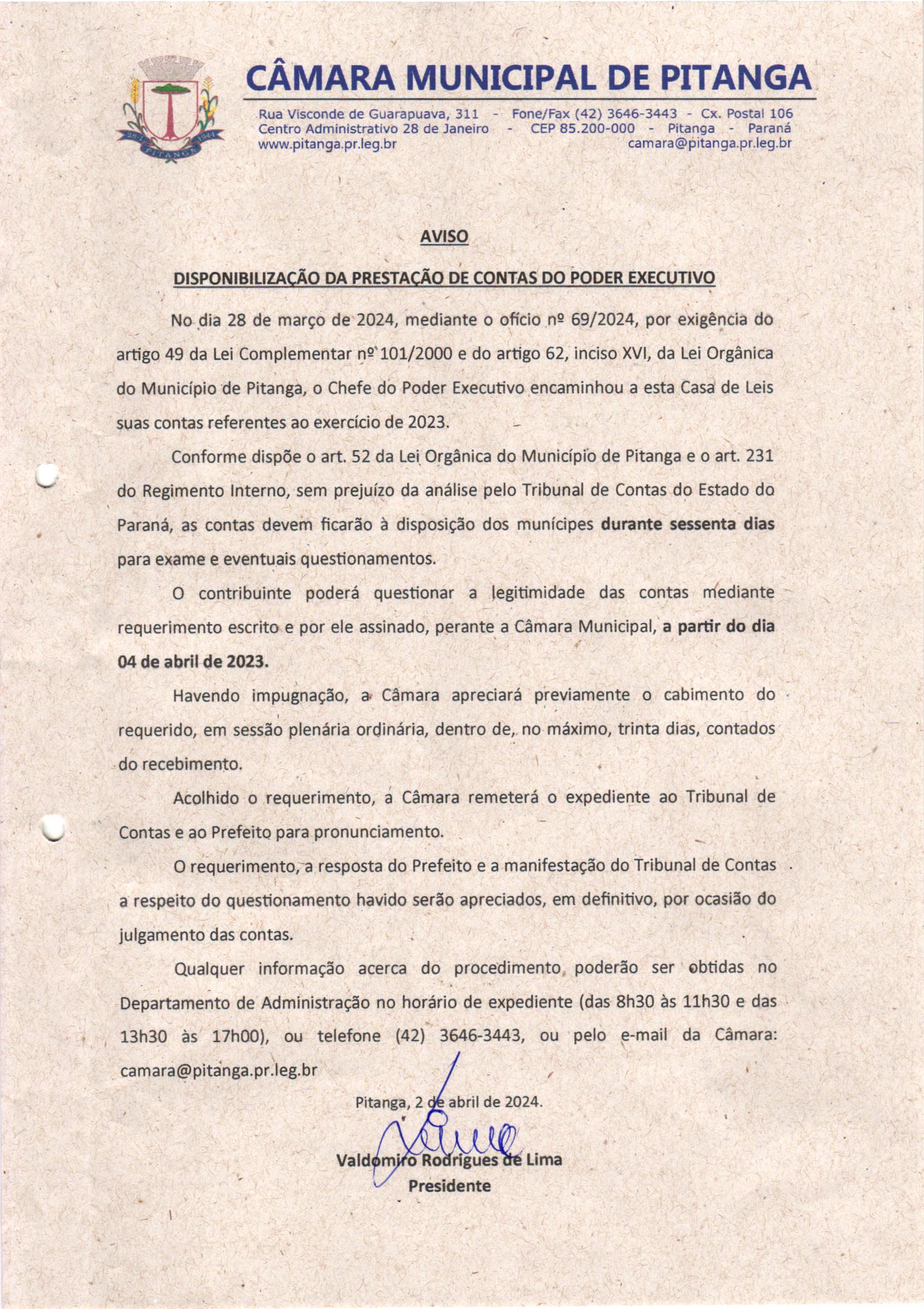 AVISO DISPONIBILIZAÇÃO DA PRESTAÇÃO DE CONTAS DO PODER EXECUTIVO