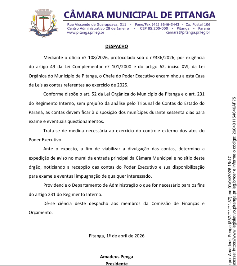 DESPACHO PREST CONTAS 2025 EXECUTIVO