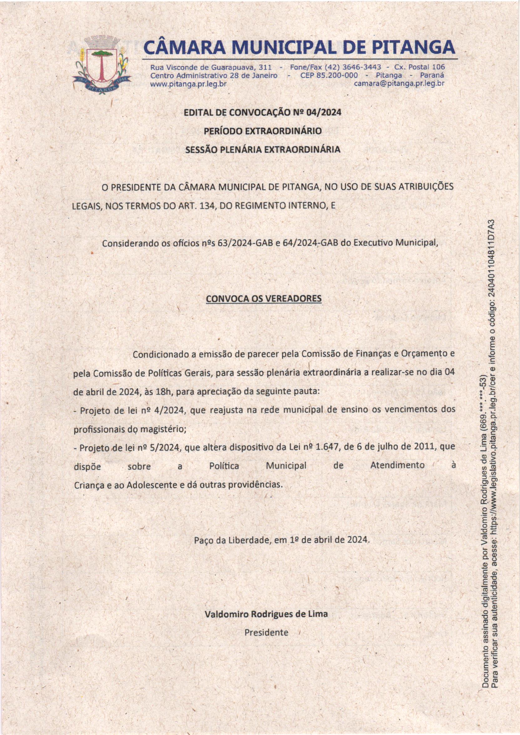 EDITAL DE CONVOCAÇÃO Nº 04/2024 PERÍODO EXTRAORDINÁRIO SESSÃO PLENÁRIA EXTRAORDINÁRIA