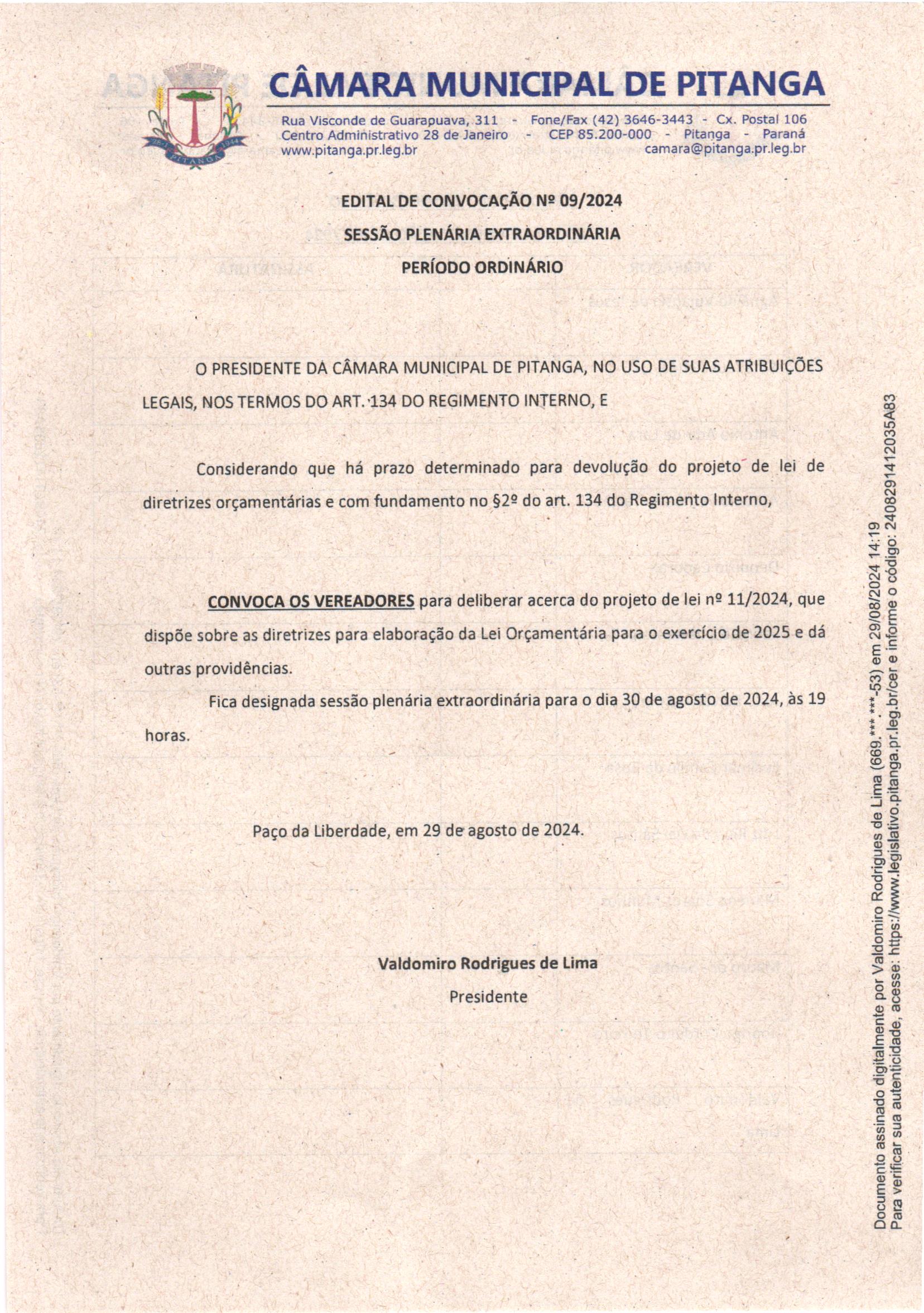 EDITAL DE CONVOCAÇÃO Nº 09/2024 SESSÃO PLENÁRIA EXTRAORDINÁRIA PERÍODO ORDINÁRIO