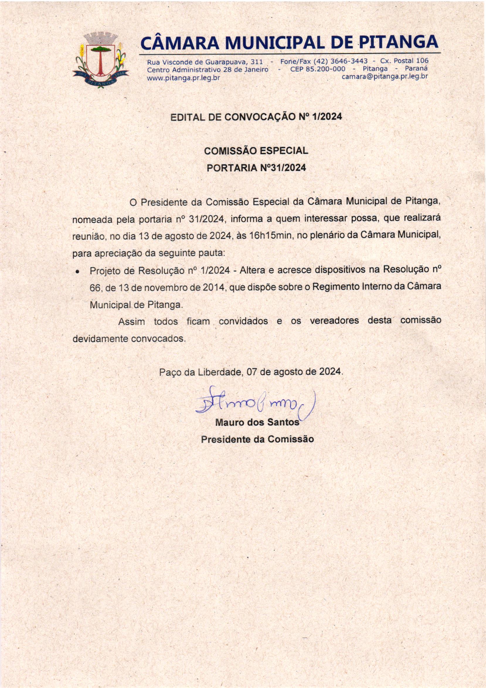EDITAL DE CONVOCAÇÃO Nº 1/2024  COMISSÃO ESPECIAL  PORTARIA Nº31/2024