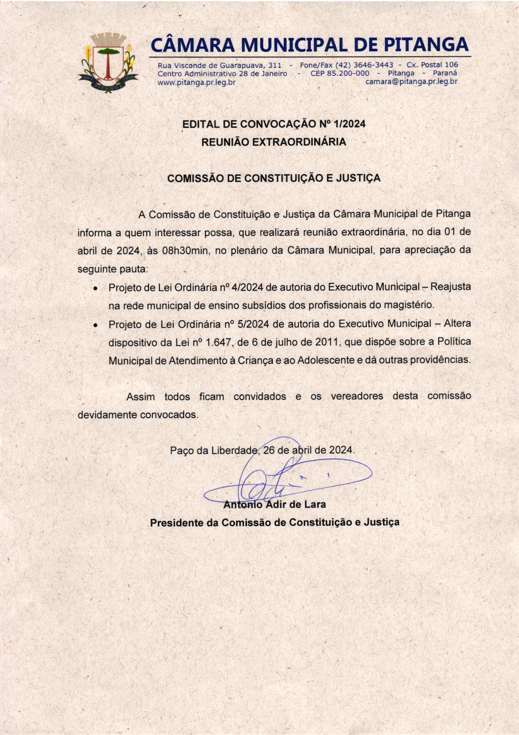 EDITAL DE CONVOCAÇÃO Nº 1/2024 REUNIÃO EXTRAORDINÁRIA  COMISSÃO DE CONSTITUIÇÃO E JUSTIÇA