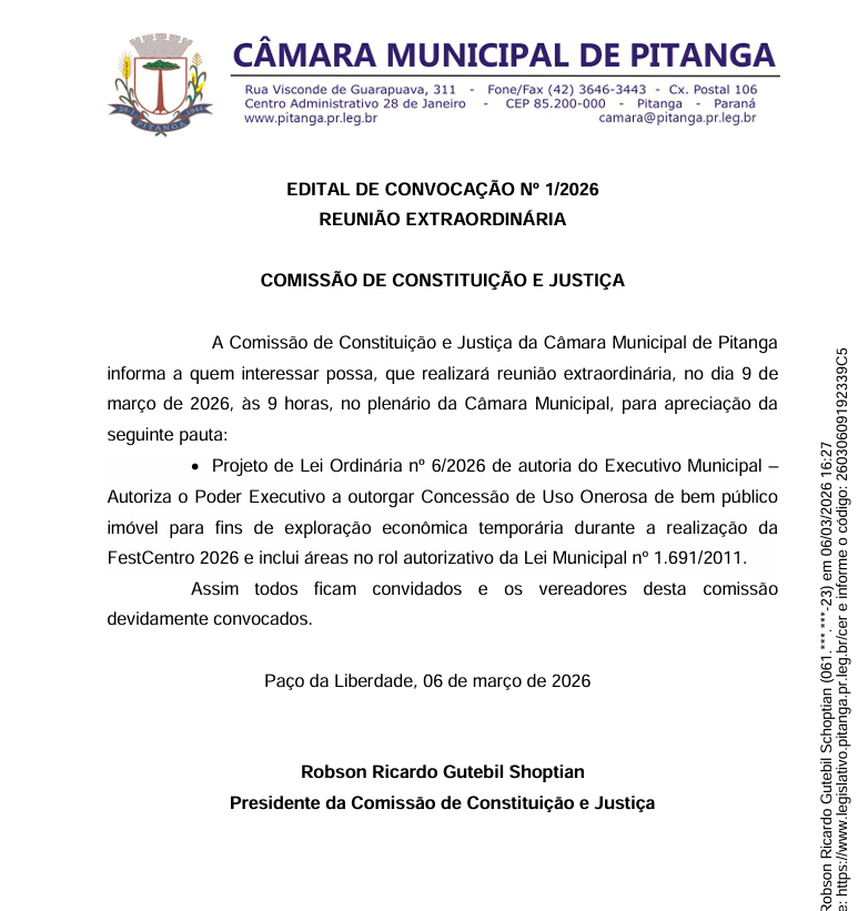 EDITAL DE CONVOCAÇÃO Nº 1/2026 REUNIÃO EXTRAORDINÁRIA  COMISSÃO DE CONSTITUIÇÃO E JUSTIÇA