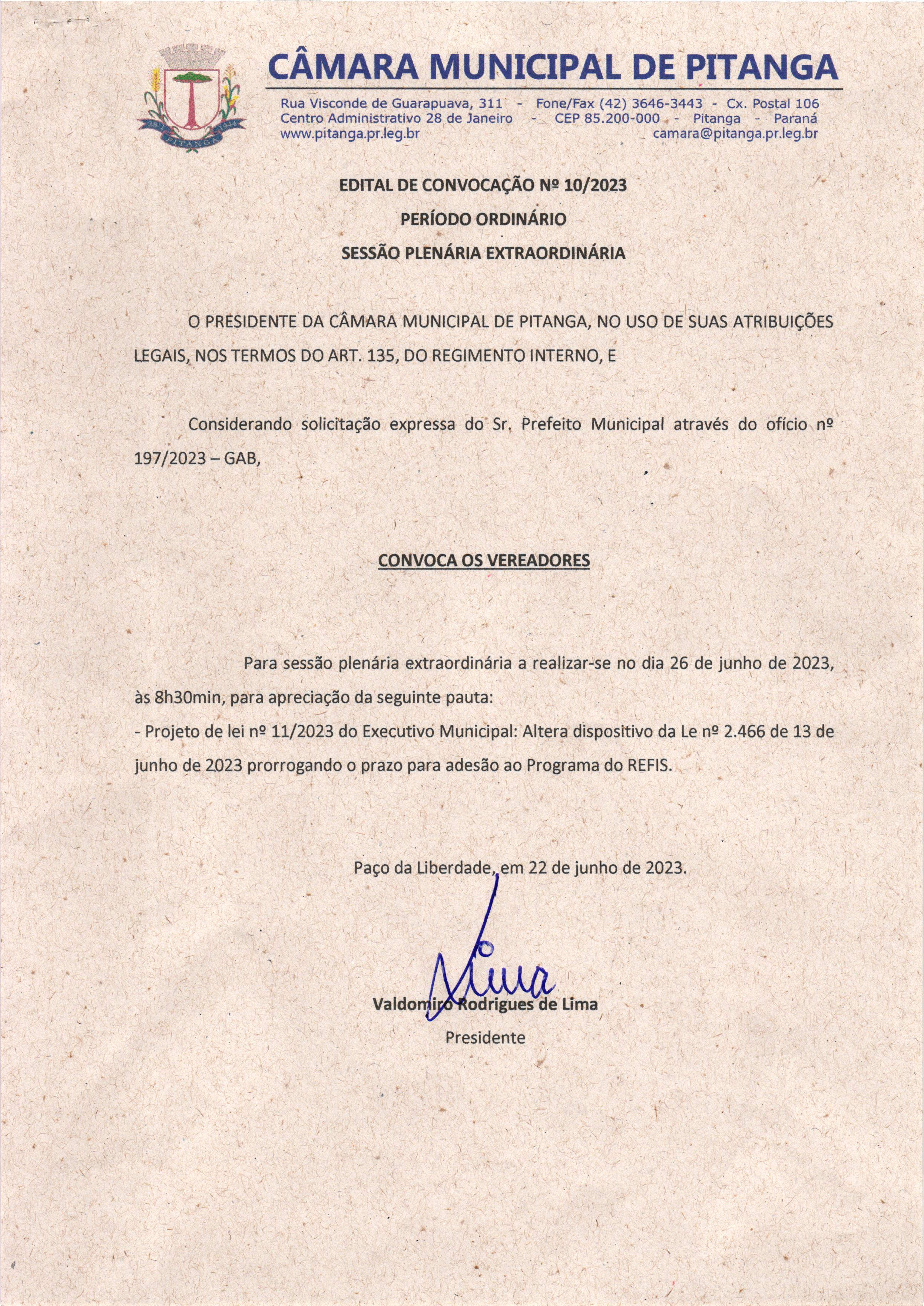 EDITAL DE CONVOCAÇÃO Nº 10-2023  PERÍODO ORDINÁRIO - SESSÃO PLENÁRIA EXTRAORDINÁRIA