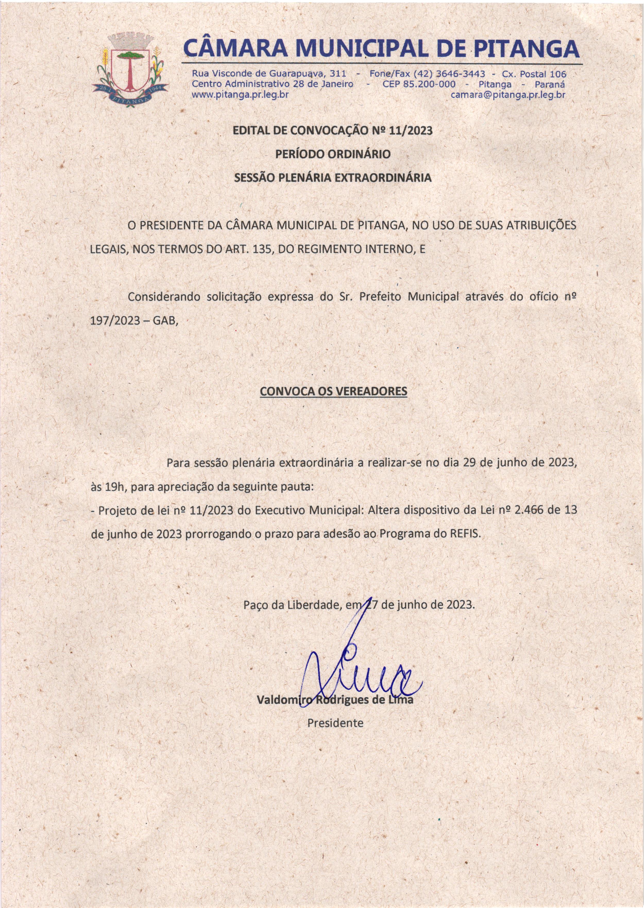 EDITAL DE CONVOCAÇÃO Nº 11/2023 - PERÍODO ORDINÁRIO  SESSÃO PLENÁRIA EXTRAORDINÁRIA