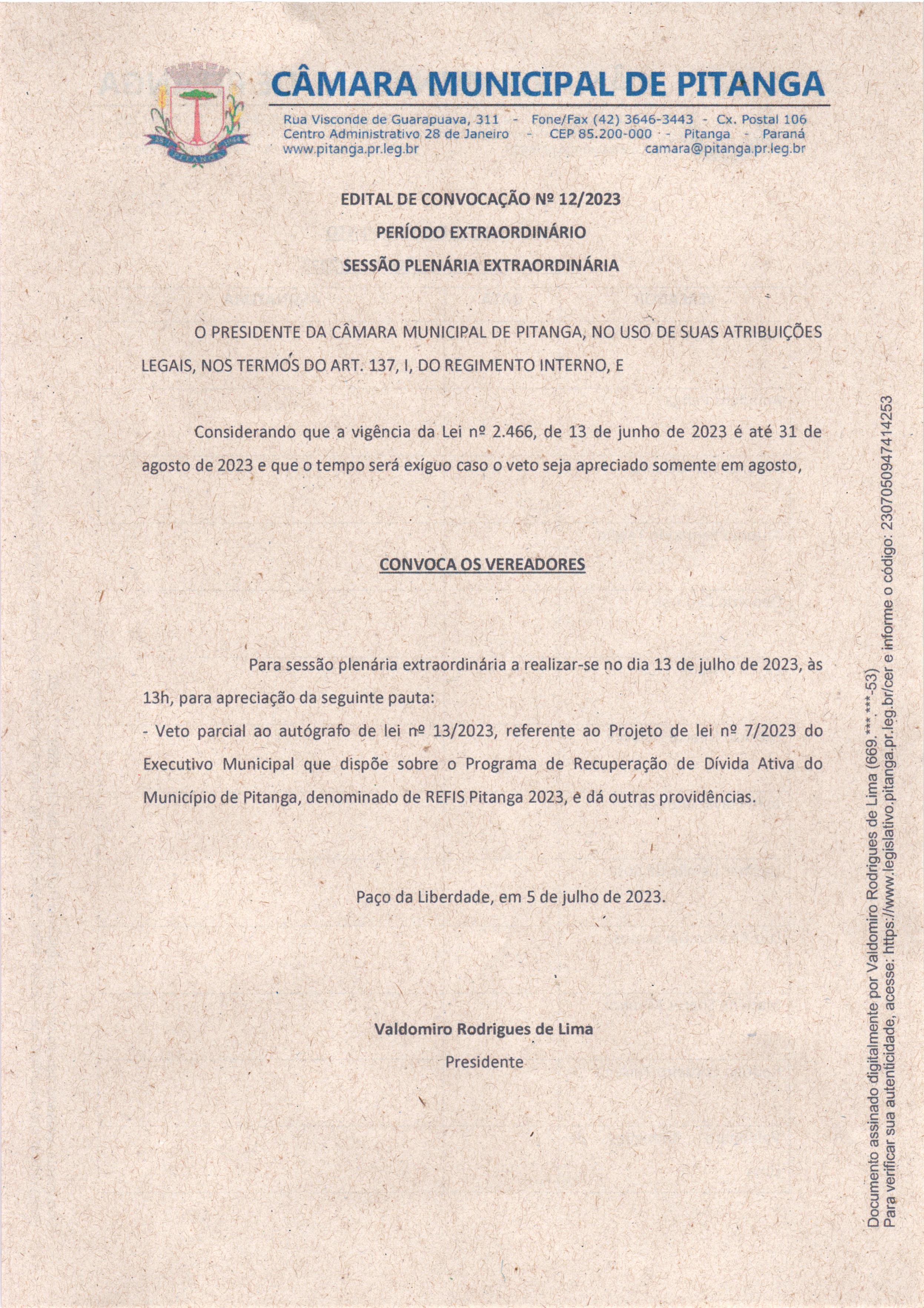 EDITAL DE CONVOCAÇÃO Nº 12/2023