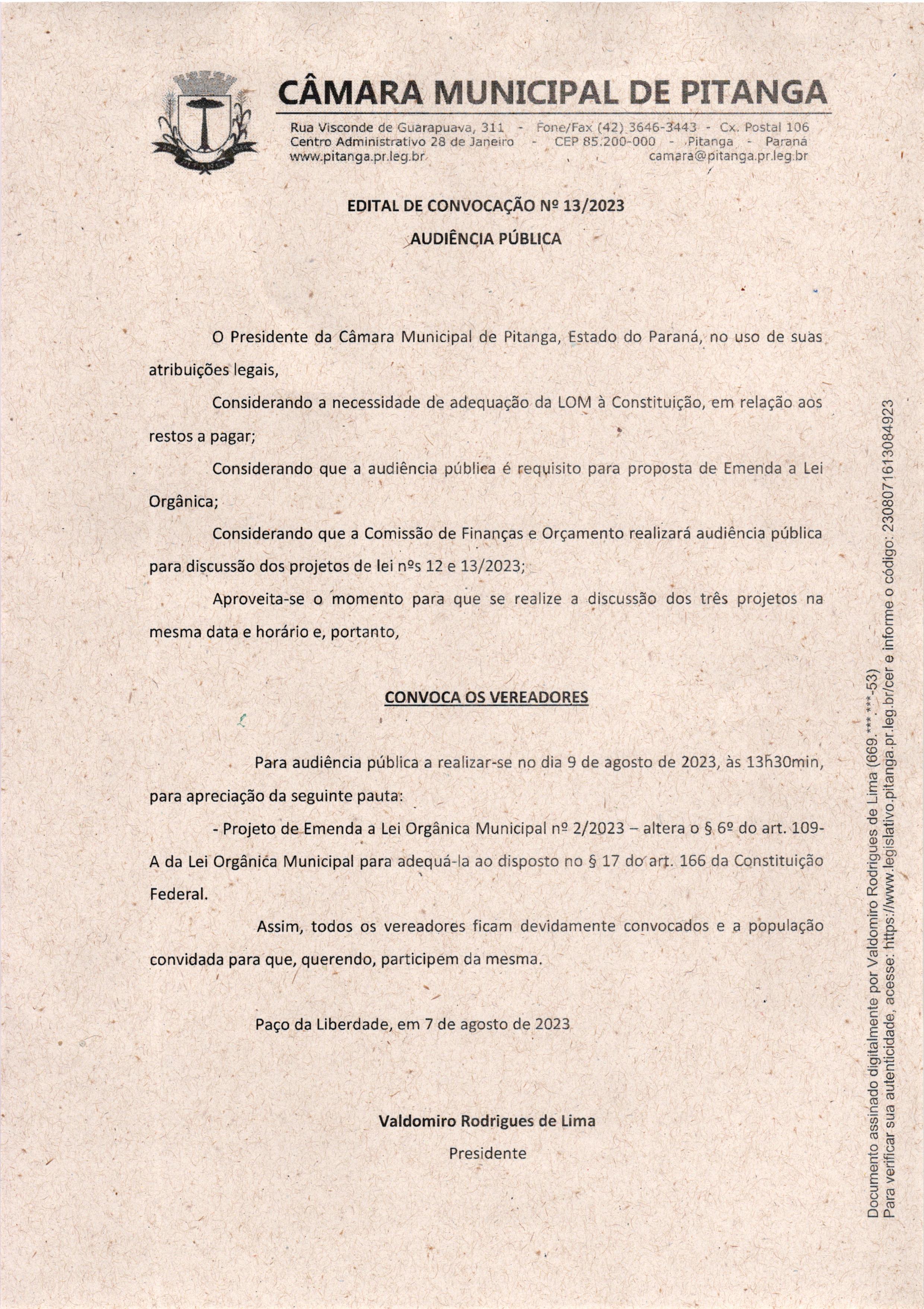 EDITAL DE CONVOCAÇÃO Nº 13/2023 AUDIÊNCIA PÚBLICA
