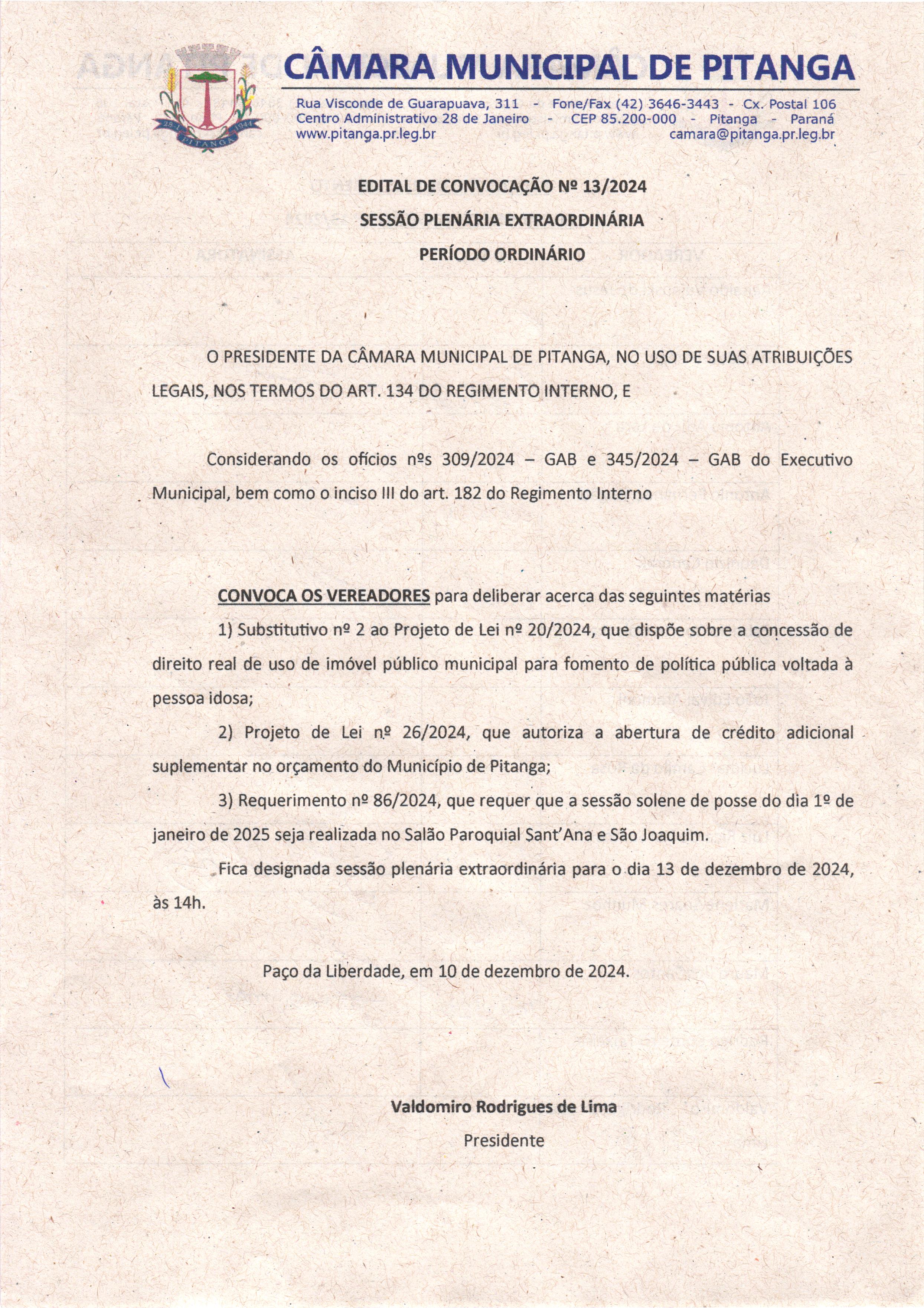 EDITAL DE CONVOCAÇÃO Nº 13/2024 SESSÃO PLENÁRIA EXTRAORDINÁRIA PERÍODO ORDINÁRIO