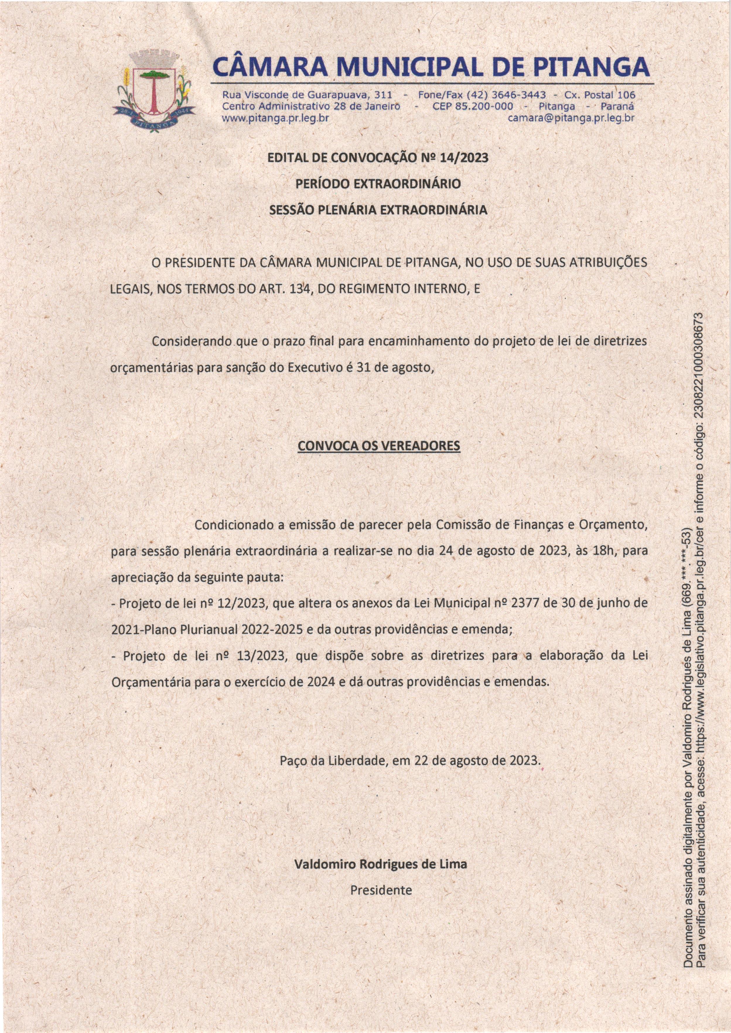 EDITAL DE CONVOCAÇÃO Nº 14/2023 PERÍODO EXTRAORDINÁRIO SESSÃO PLENÁRIA EXTRAORDINÁRIA
