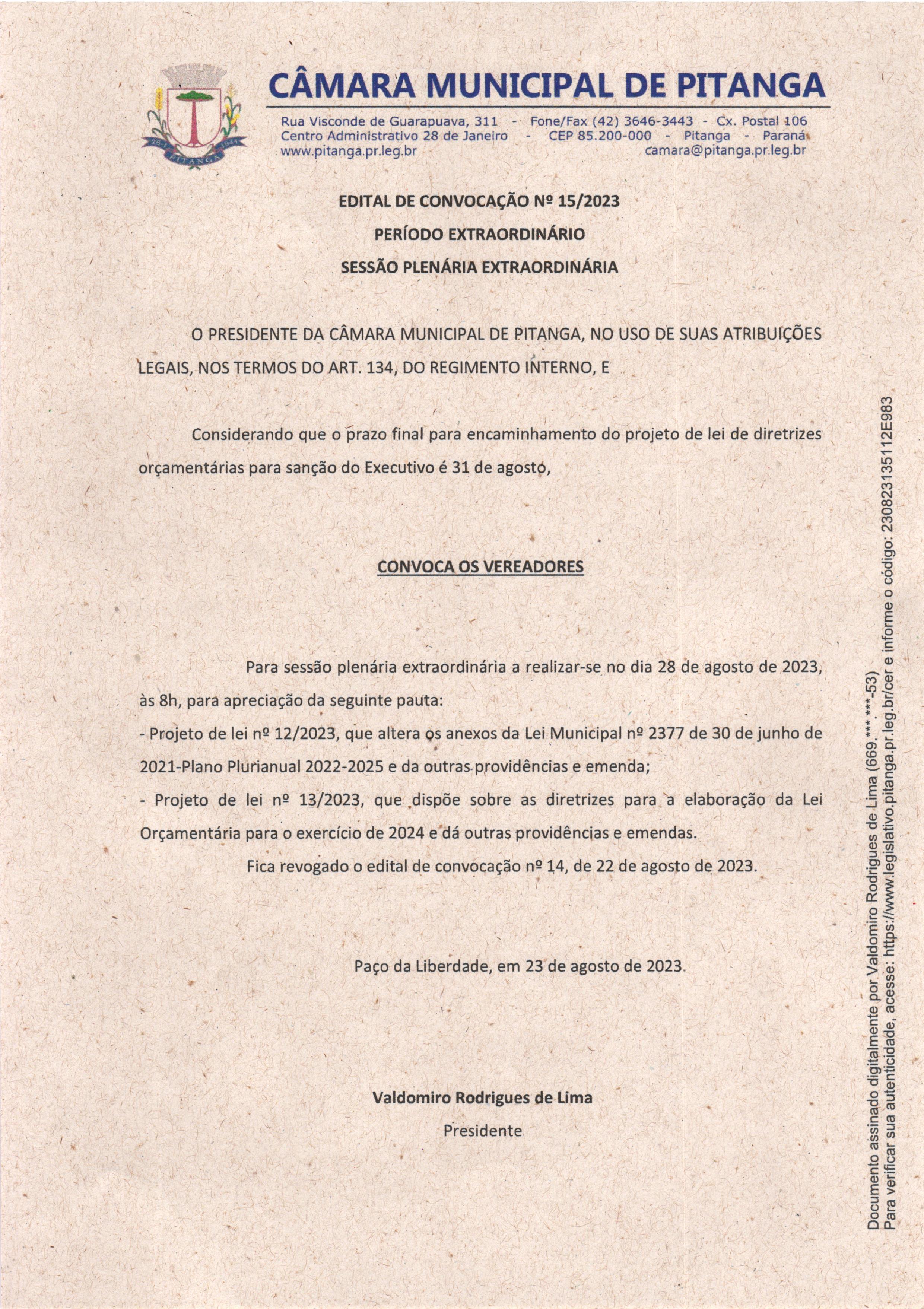 EDITAL DE CONVOCAÇÃO Nº 15/2023 PERÍODO EXTRAORDINÁRIO SESSÃO PLENÁRIA EXTRAORDINÁRIA