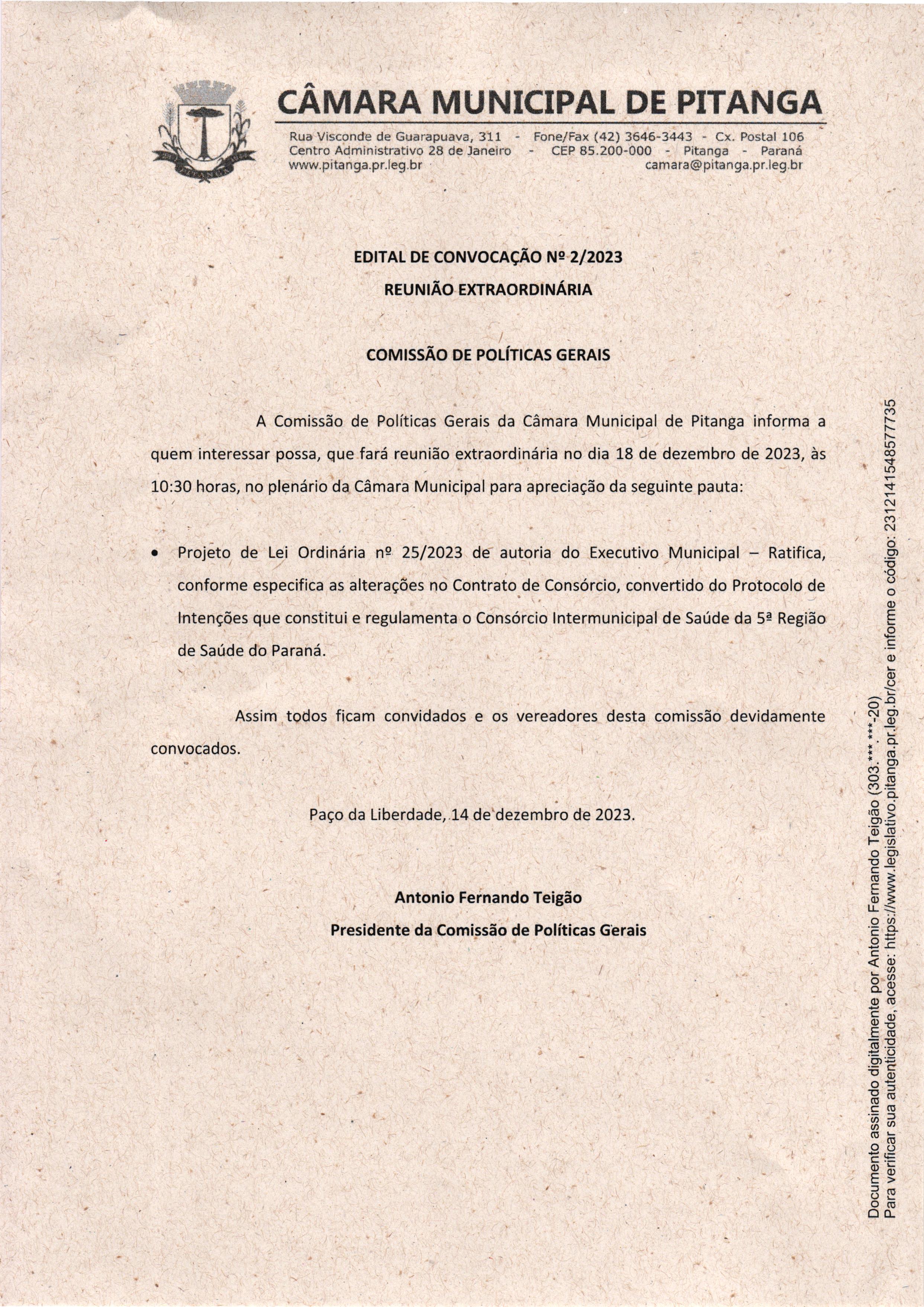 EDITAL DE CONVOCAÇÃO Nº 2/2023 REUNIÃO EXTRAORDINÁRIA - COMISSÃO DE POLÍTICAS GERAIS