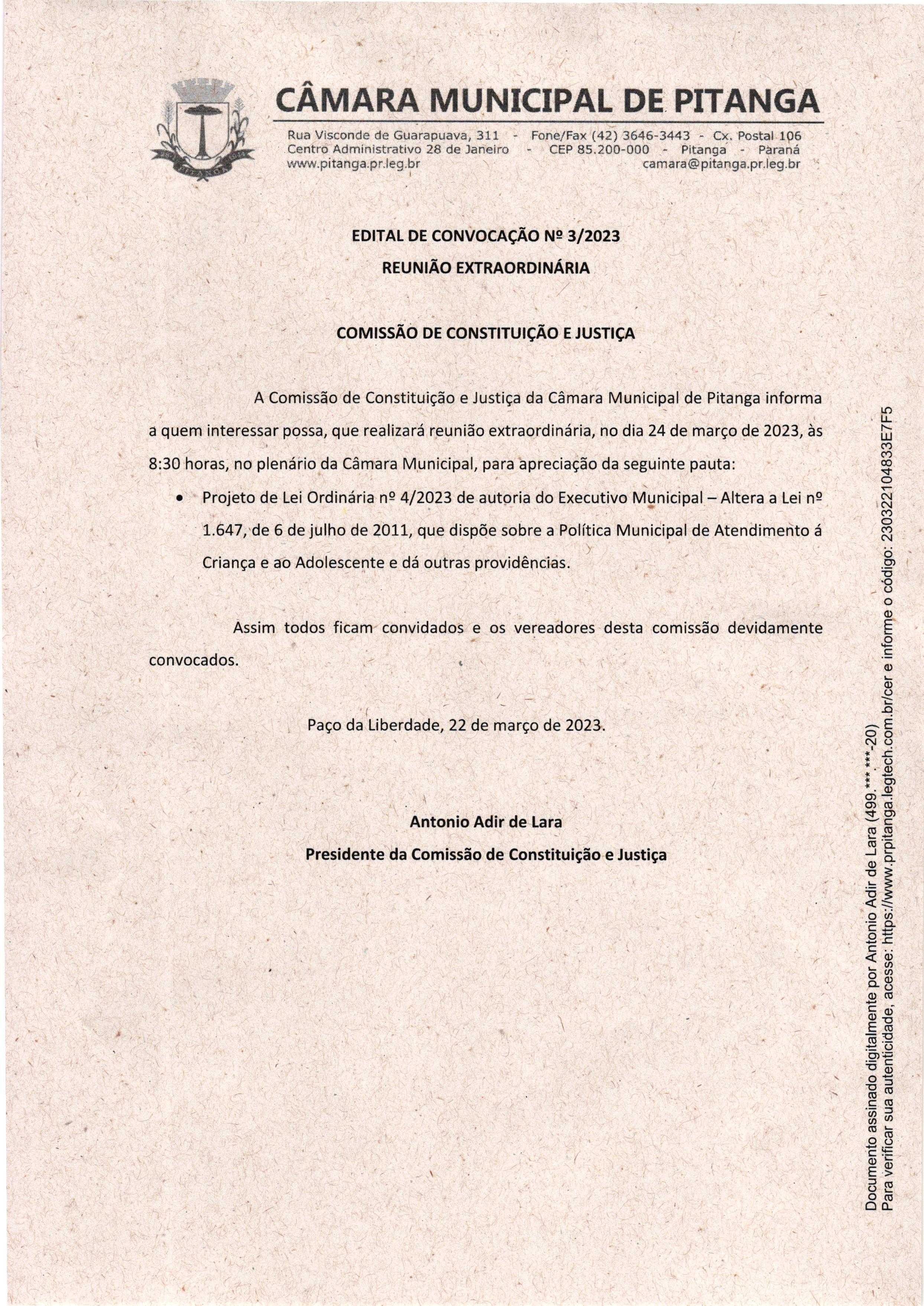 Edital de convocação nº 3/2023 Reunião Extraordinária - Comissão de Constituição e Justiça