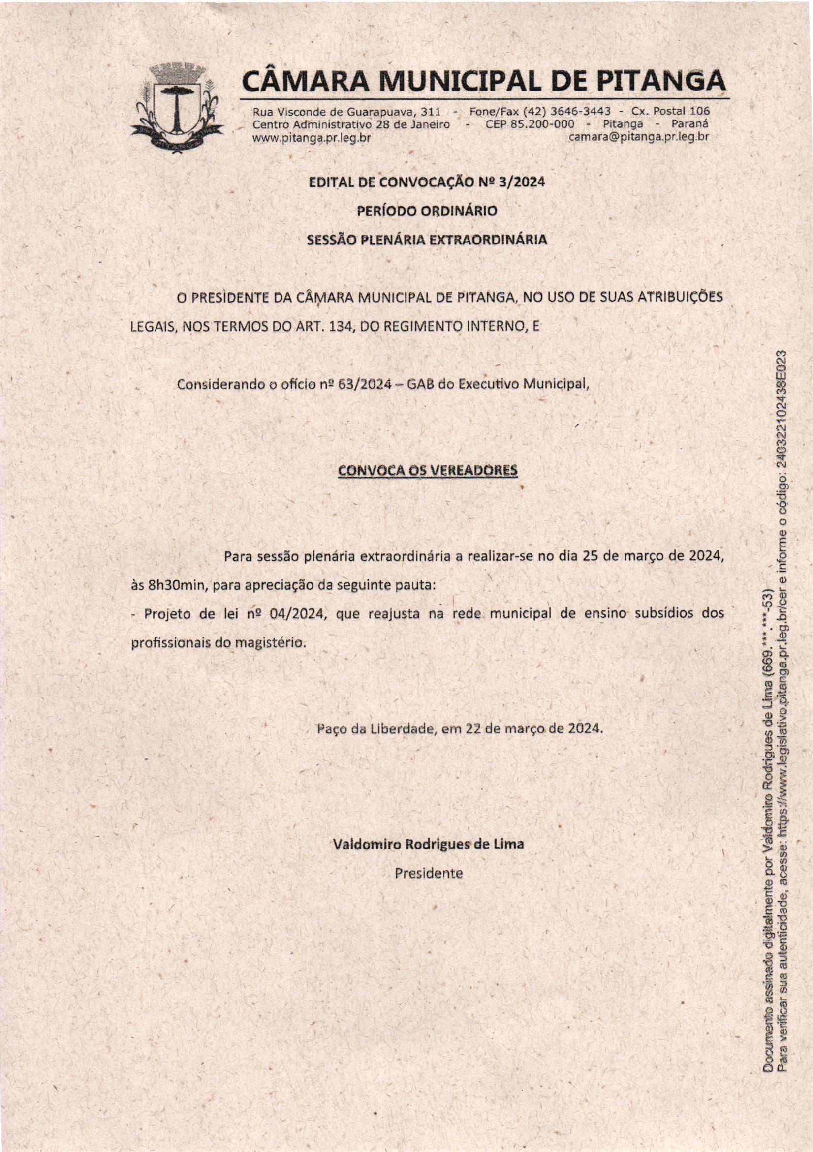 EDITAL DE CONVOCAÇÃO Nº 3/2024 PERÍODO ORDINÁRIO SESSÃO PLENÁRIA EXTRAORDINÁRIA
