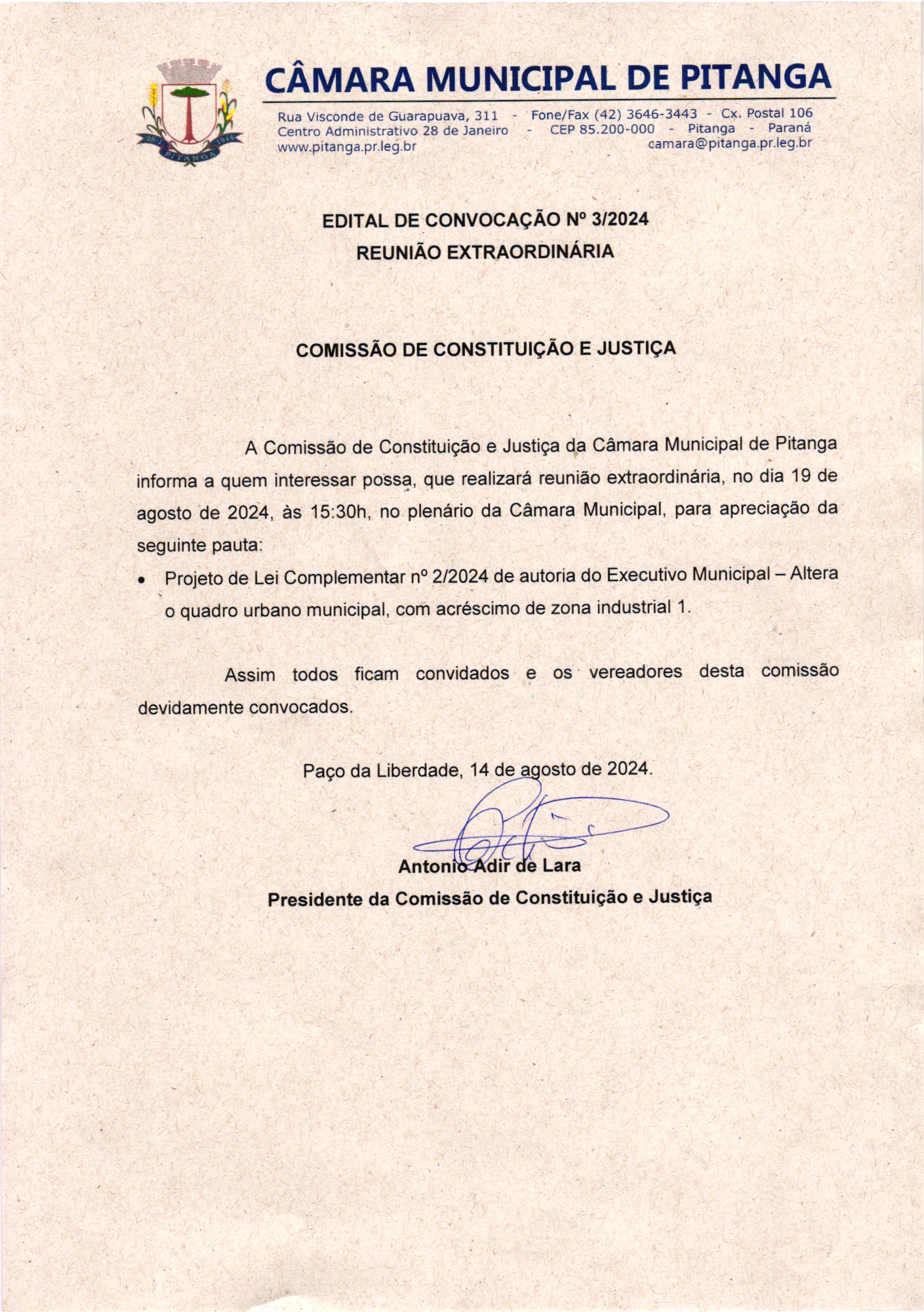 EDITAL DE CONVOCAÇÃO Nº 3/2024 REUNIÃO EXTRAORDINÁRIA   COMISSÃO DE CONSTITUIÇÃO E JUSTIÇA