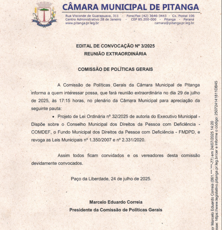 EDITAL DE CONVOCAÇÃO Nº 3/2025 REUNIÃO EXTRAORDINÁRIA  COMISSÃO DE POLÍTICAS GERAIS