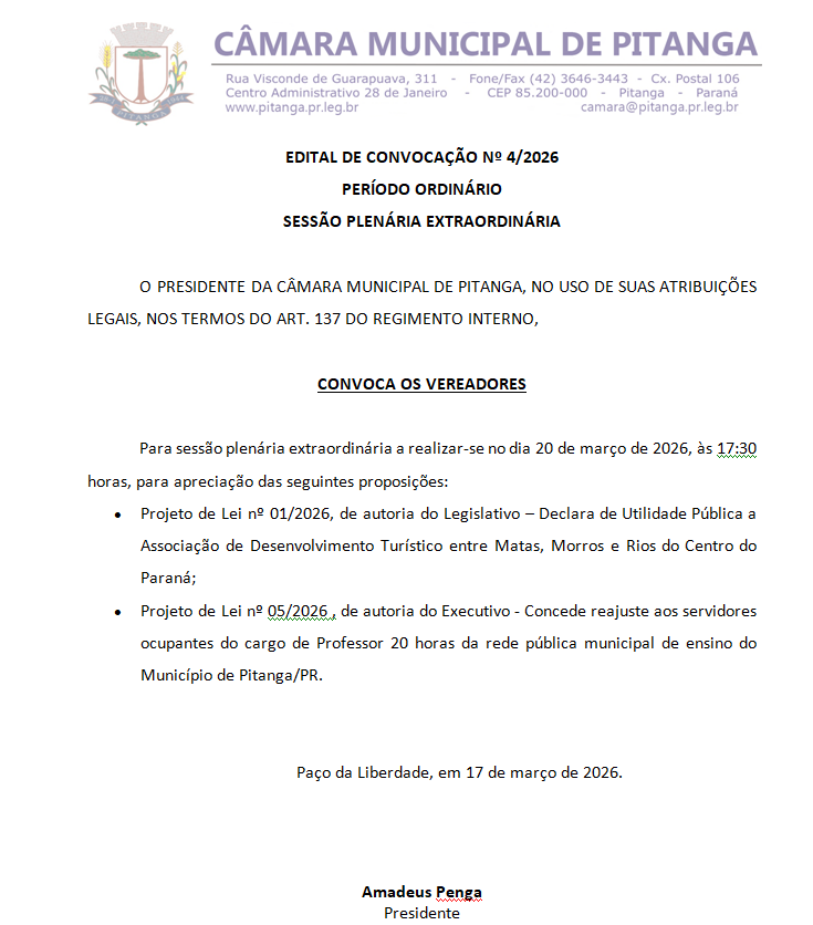 EDITAL DE CONVOCAÇÃO Nº 4/2026 PERÍODO ORDINÁRIO SESSÃO PLENÁRIA EXTRAORDINÁRIA