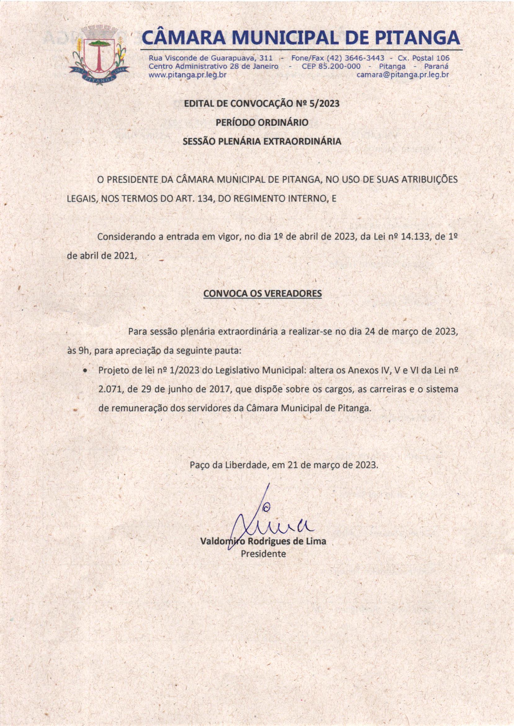 Edital de convocação nº 5/2023 Período Ordinário - Sessão Plenária Extraordinária