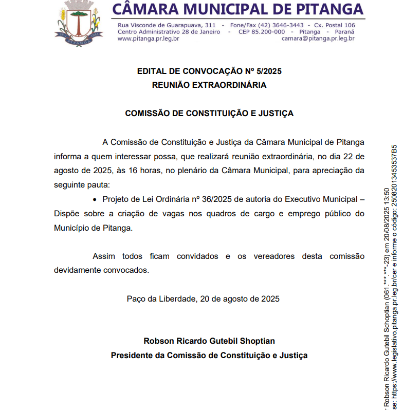 EDITAL DE CONVOCAÇÃO Nº 5/2025 REUNIÃO EXTRAORDINÁRIA  COMISSÃO DE CONSTITUIÇÃO E JUSTIÇA