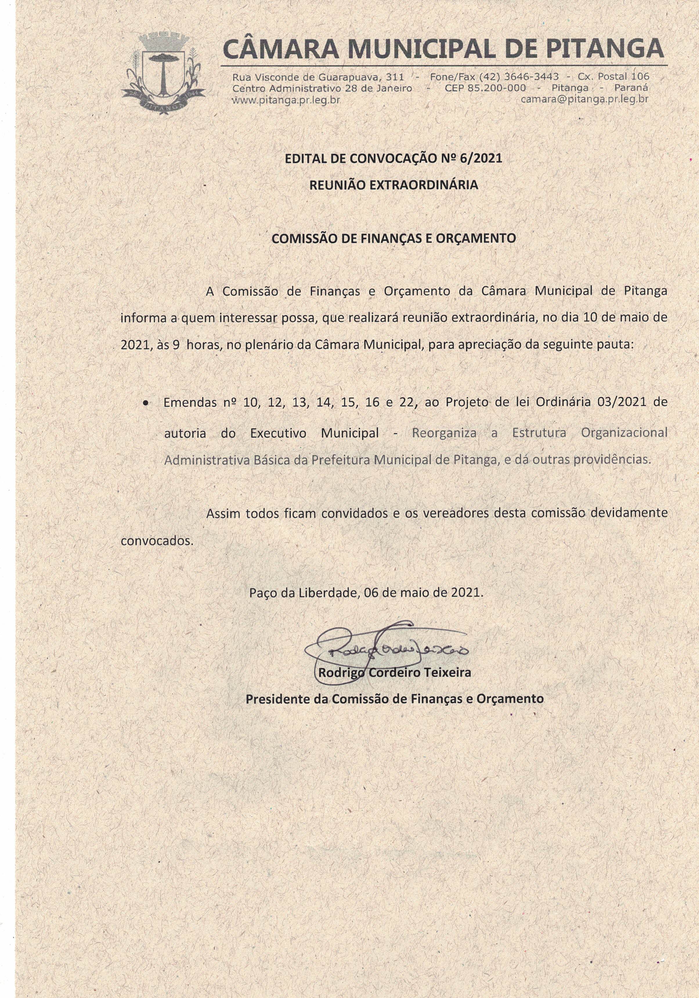 EDITAL DE CONVOCAÇÃO Nº 6/2021 - REUNIÃO EXTRAORDINÁRIA - COMISSÃO DE FINANÇAS E ORÇAMENTO