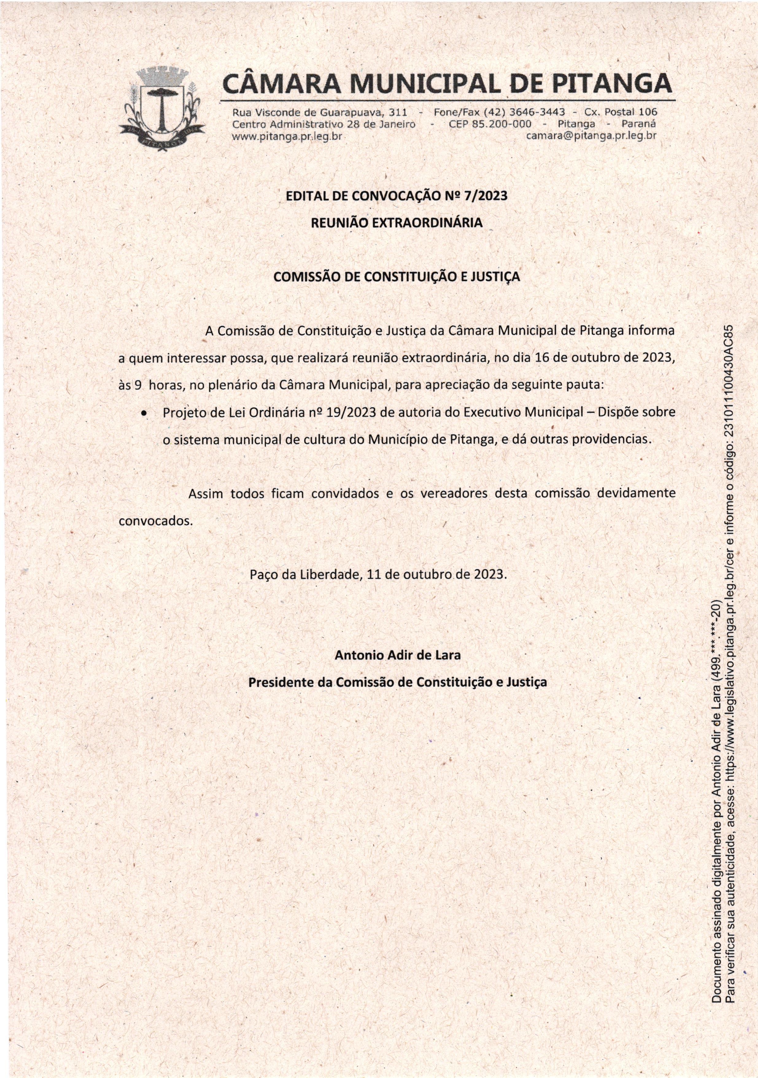 Edital de Convocação nº 7-2023 - Reunião Extraordinária da Comissão de Constituição e Justiça