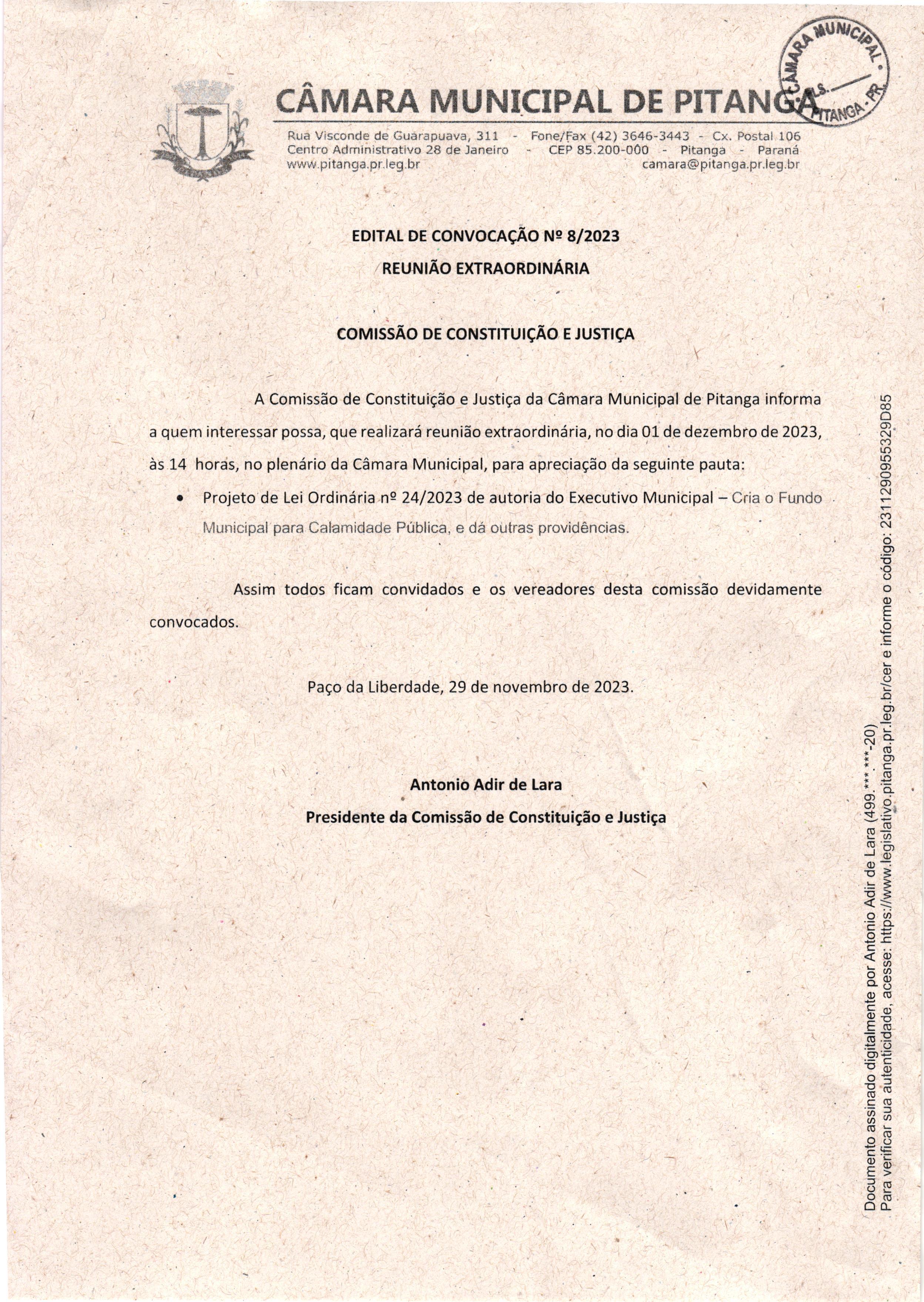 EDITAL DE CONVOCAÇÃO Nº 8/2023 REUNIÃO EXTRAORDINÁRIA  COMISSÃO DE CONSTITUIÇÃO E JUSTIÇA