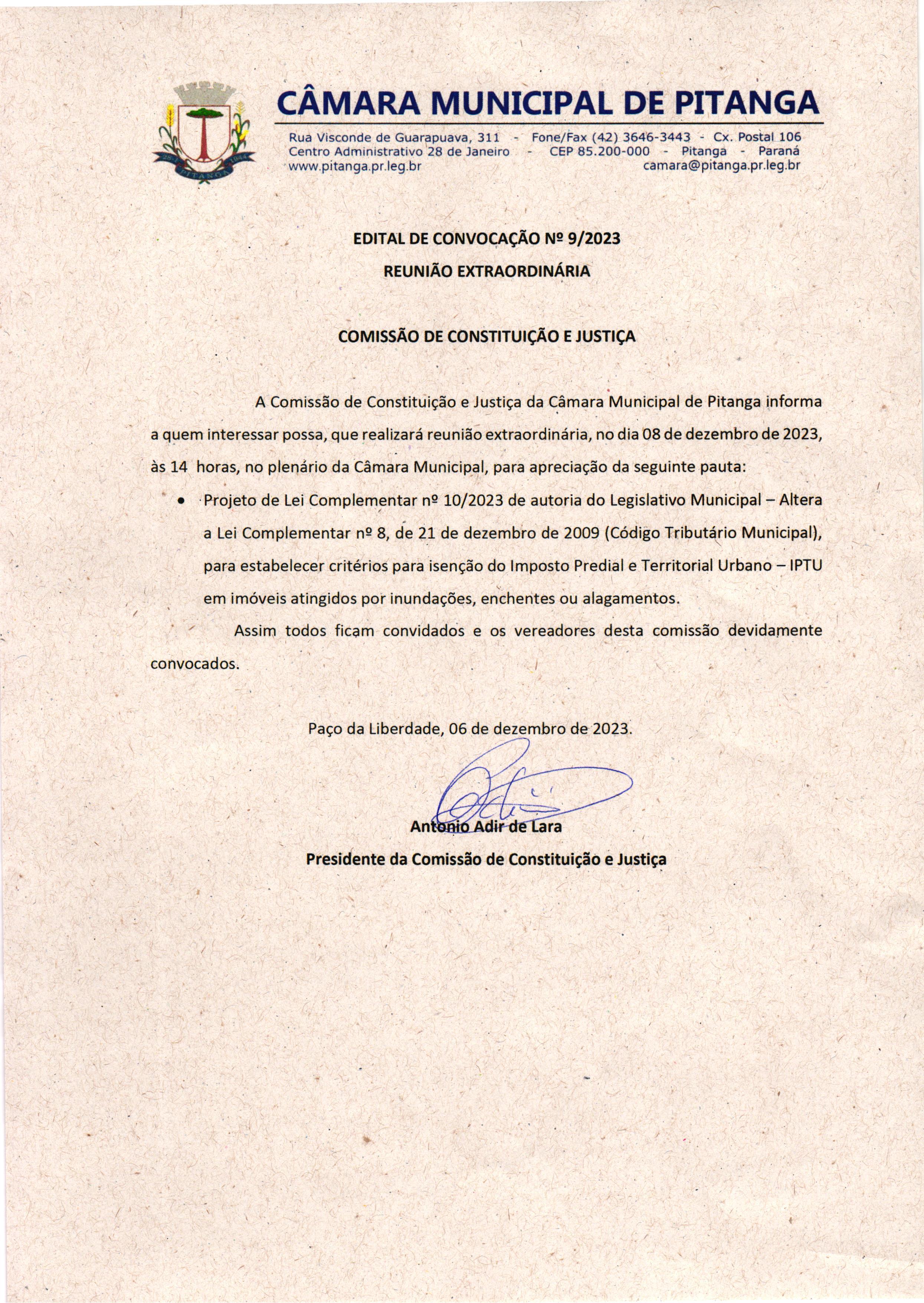 EDITAL DE CONVOCAÇÃO Nº 9/2023 - REUNIÃO EXTRAORDINÁRIA -  COMISSÃO DE CONSTITUIÇÃO E JUSTIÇA