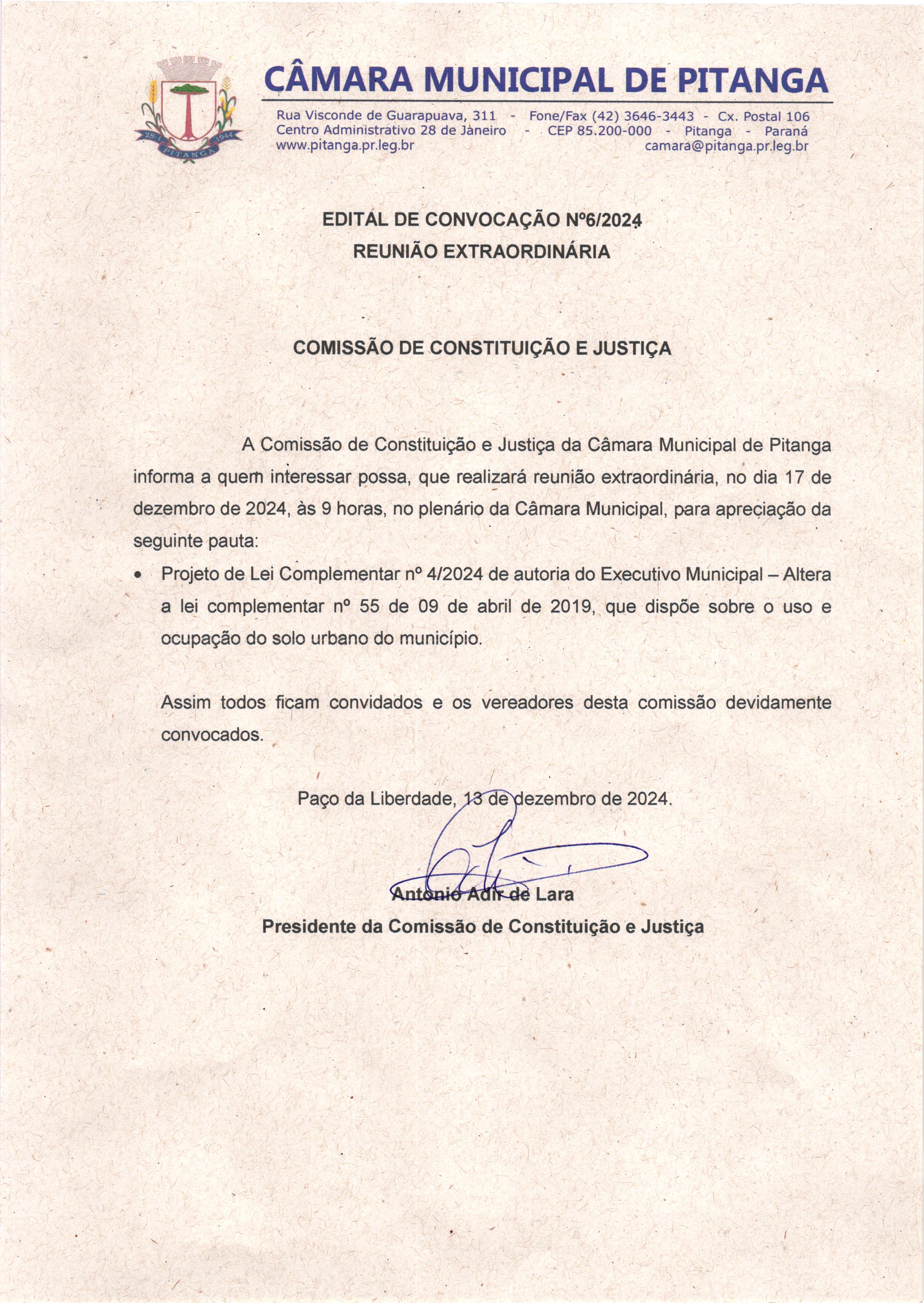 EDITAL DE CONVOCAÇÃO Nº6/2024 REUNIÃO EXTRAORDINÁRIA   COMISSÃO DE CONSTITUIÇÃO E JUSTIÇA