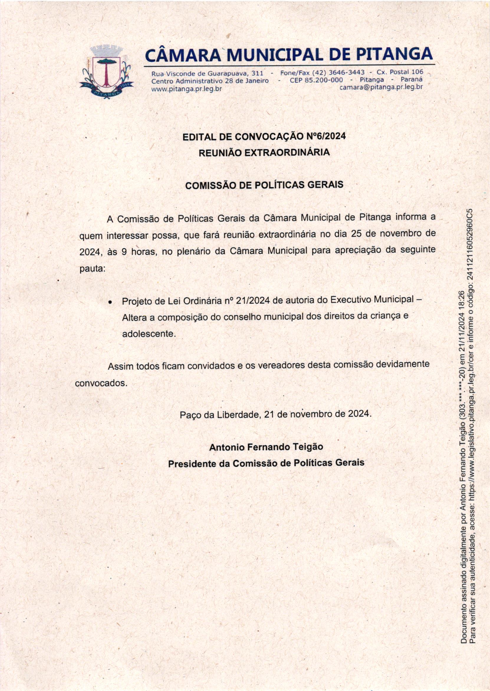 EDITAL DE CONVOCAÇÃO Nº6/2024 REUNIÃO EXTRAORDINÁRIA  COMISSÃO DE POLÍTICAS GERAIS