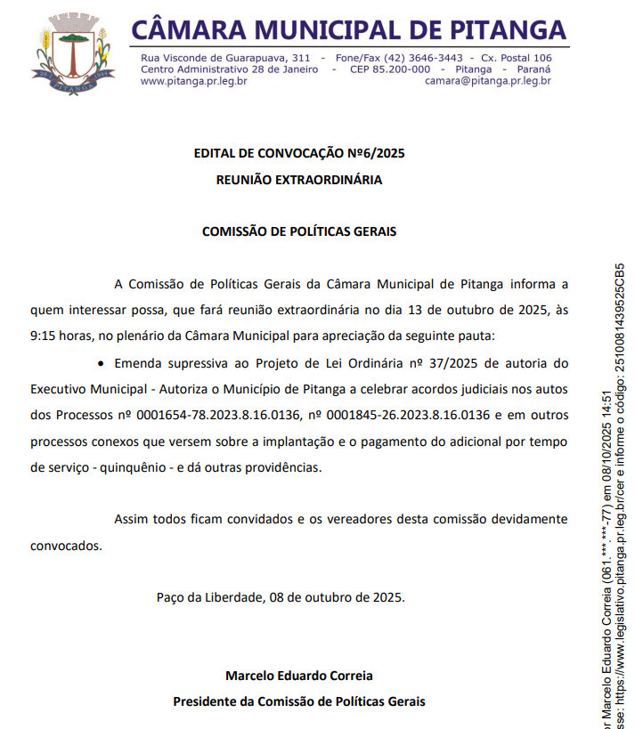 EDITAL DE CONVOCAÇÃO Nº6/2025  REUNIÃO EXTRAORDINÁRIA     COMISSÃO DE POLÍTICAS GERAIS