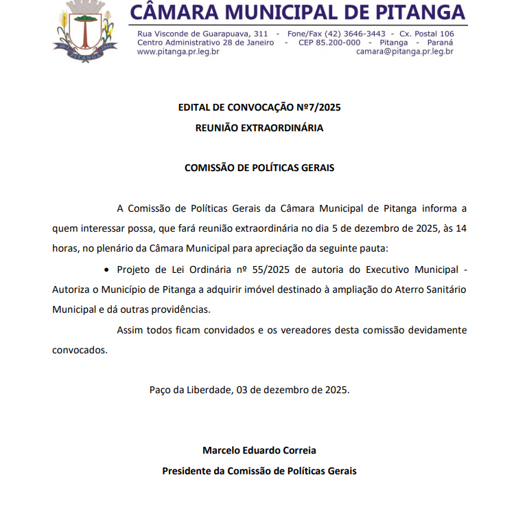EDITAL DE CONVOCAÇÃO Nº7/2025 REUNIÃO EXTRAORDINÁRIA  COMISSÃO DE POLÍTICAS GERAIS