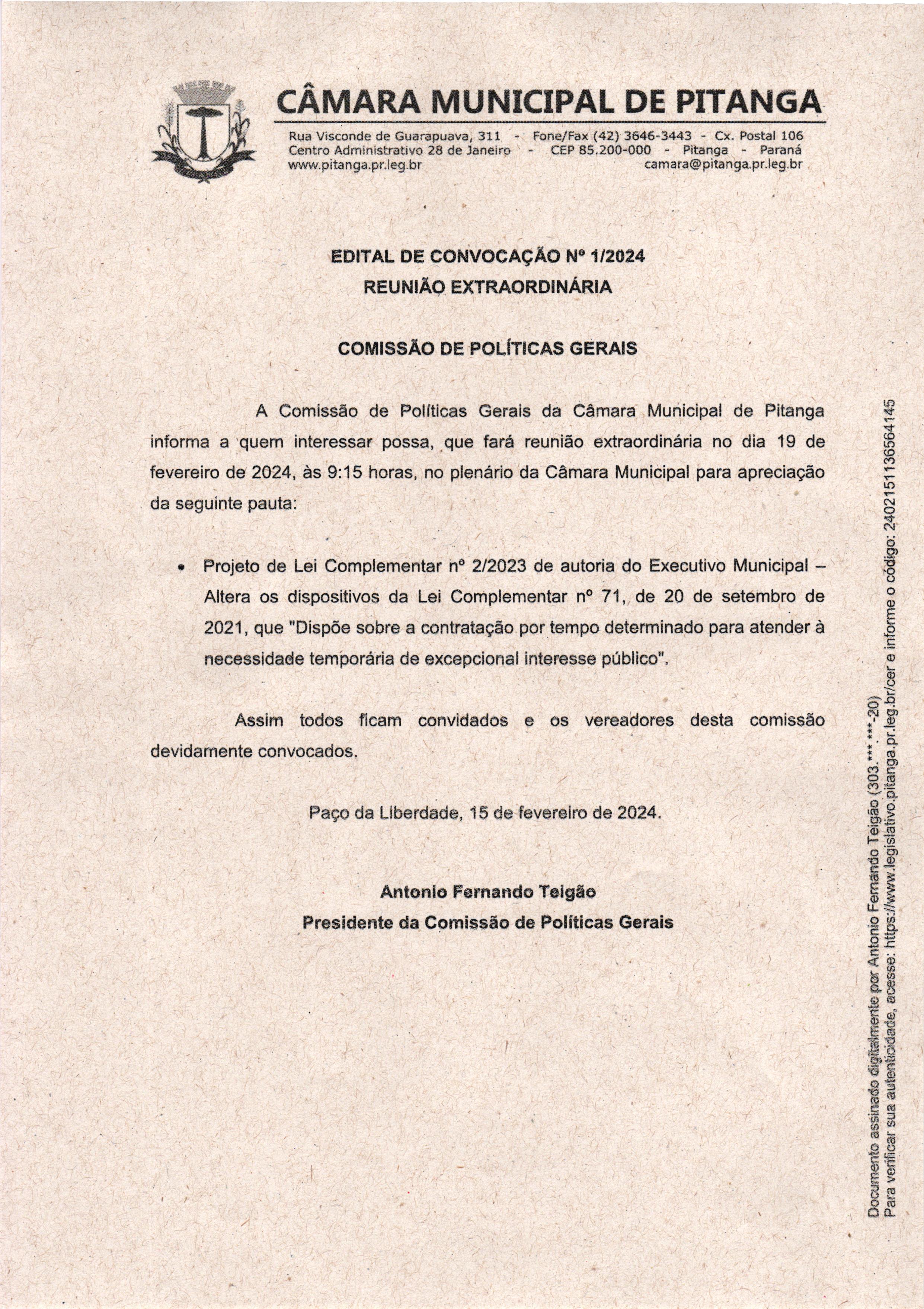 EDITAL Nº 1-2024 REUNIÃO EXTRAORDINÁRIA  COMISSÃO DE FINANÇAS E ORÇAMENTO