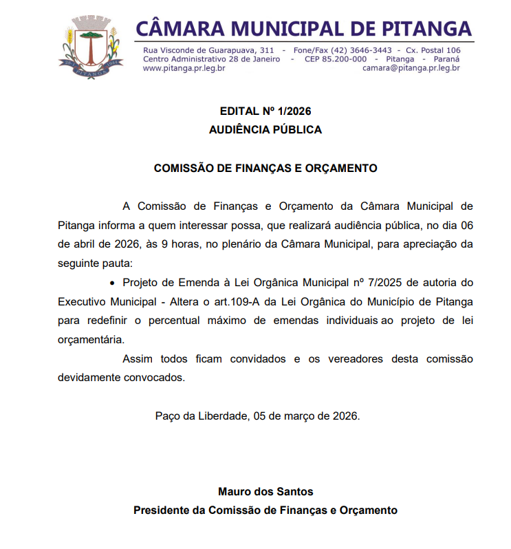 EDITAL Nº 1/2026  AUDIÊNCIA PÚBLICA     COMISSÃO DE FINANÇAS E ORÇAMENTO