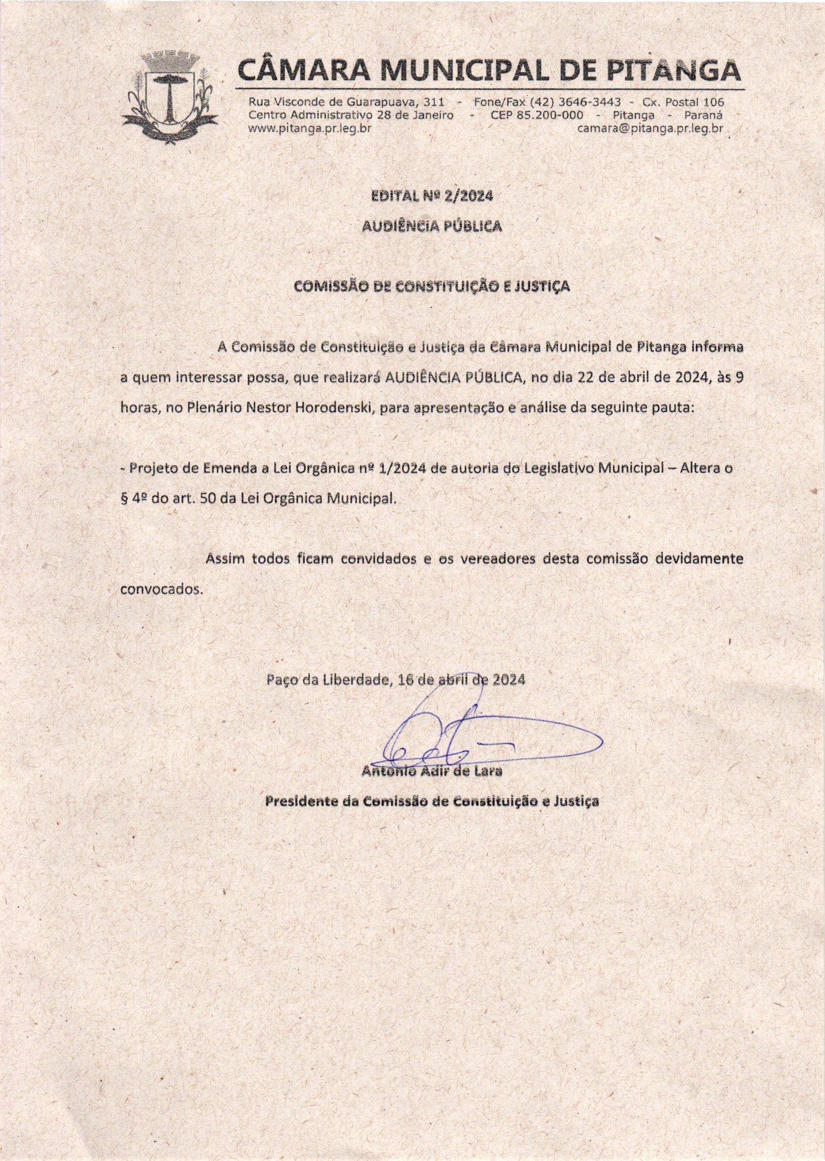 EDITAL Nº 2/2024 AUDIÊNCIA PÚBLICA  COMISSÃO DE CONSTITUIÇÃO E JUSTIÇA