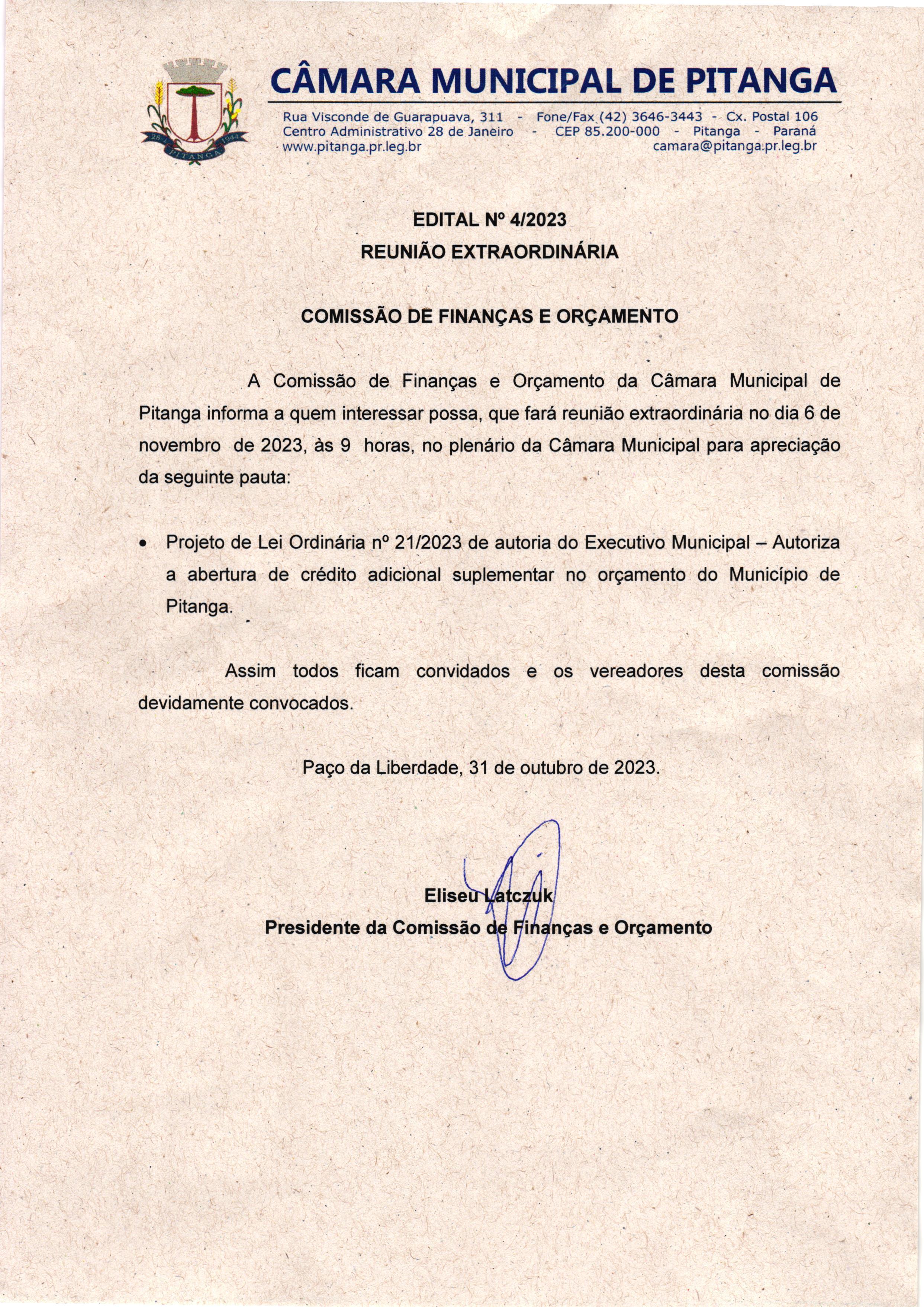 EDITAL Nº 4/2023 REUNIÃO EXTRAORDINÁRIA -  COMISSÃO DE FINANÇAS E ORÇAMENTO