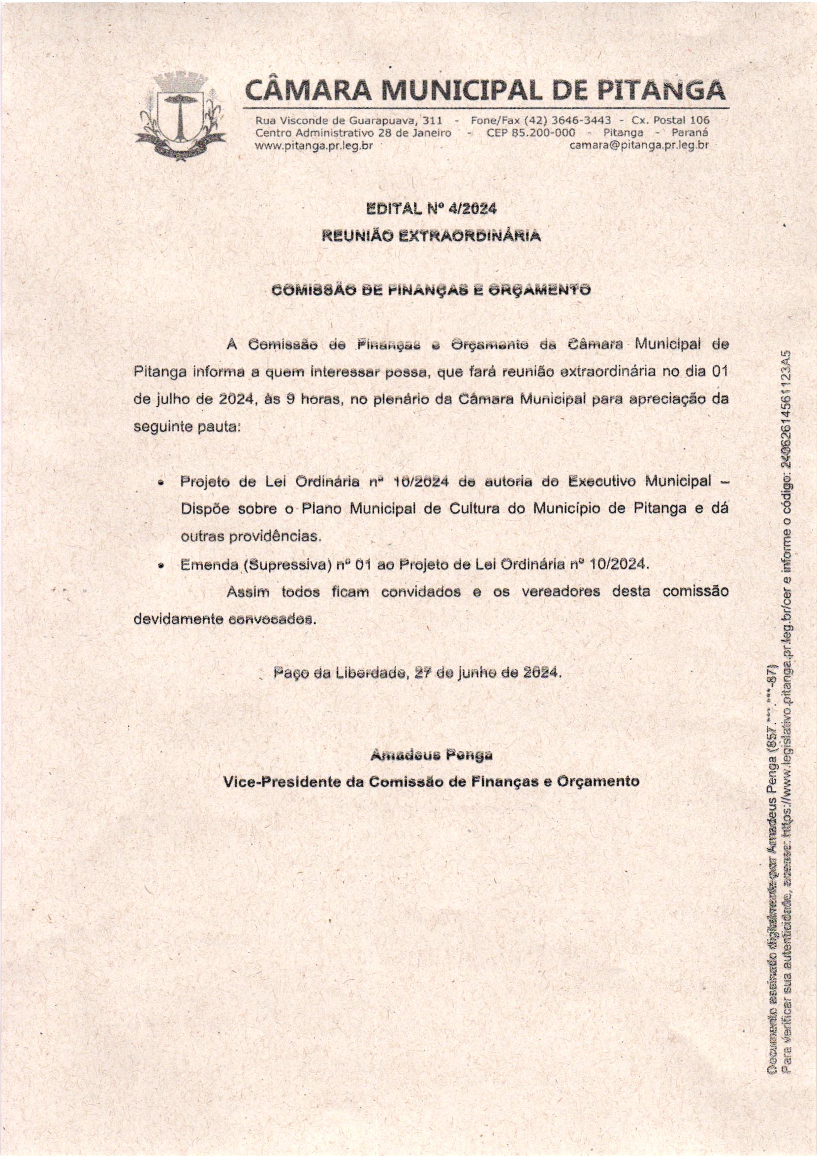 EDITAL Nº 4/2024 REUNIÃO EXTRAORDINÁRIA  COMISSÃO DE FINANÇAS E ORÇAMENTO