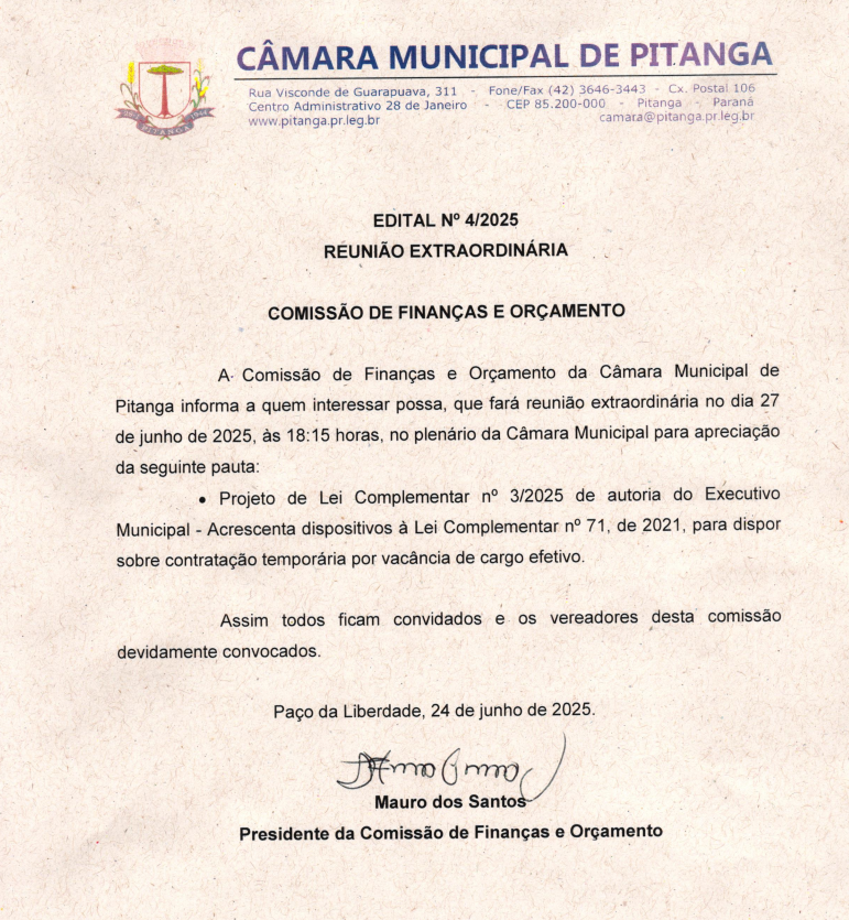 EDITAL Nº 4/2025 REUNIÃO EXTRAORDINÁRIA  COMISSÃO DE FINANÇAS E ORÇAMENTO