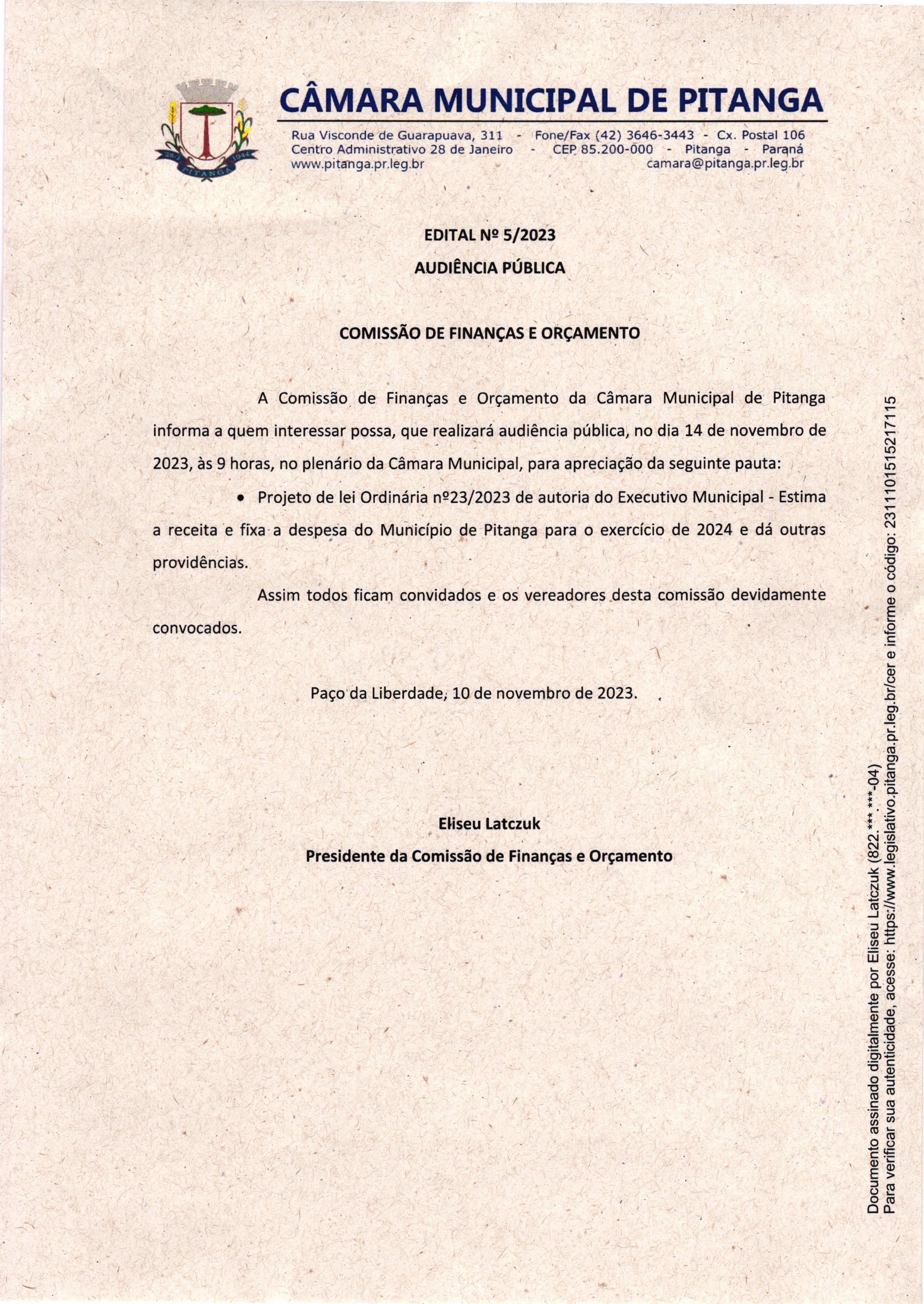EDITAL Nº 5/2023 AUDIÊNCIA PÚBLICA  COMISSÃO DE FINANÇAS E ORÇAMENTO