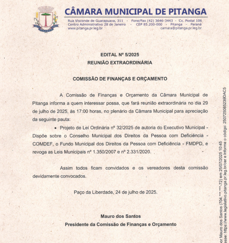 EDITAL Nº 5/2025 REUNIÃO EXTRAORDINÁRIA  COMISSÃO DE FINANÇAS E ORÇAMENTO
