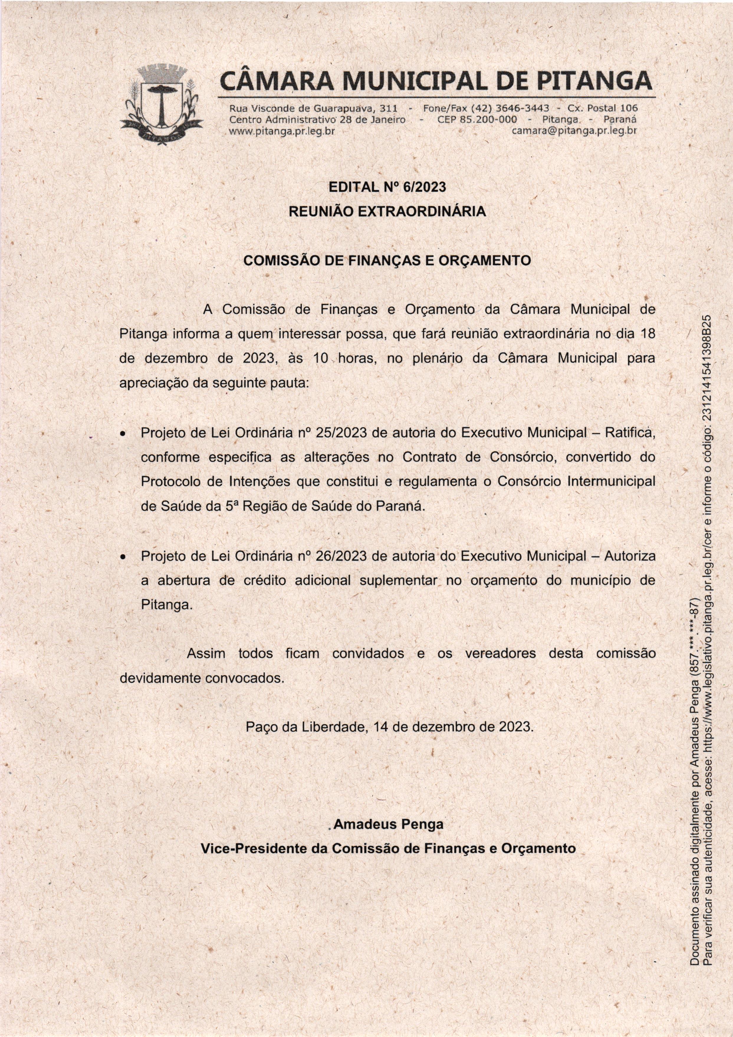 EDITAL Nº 6/2023 REUNIÃO EXTRAORDINÁRIA  COMISSÃO DE FINANÇAS E ORÇAMENTO