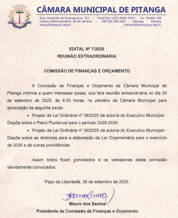 EDITAL Nº 7/2025  REUNIÃO EXTRAORDINÁRIA     COMISSÃO DE FINANÇAS E ORÇAMENTO   
