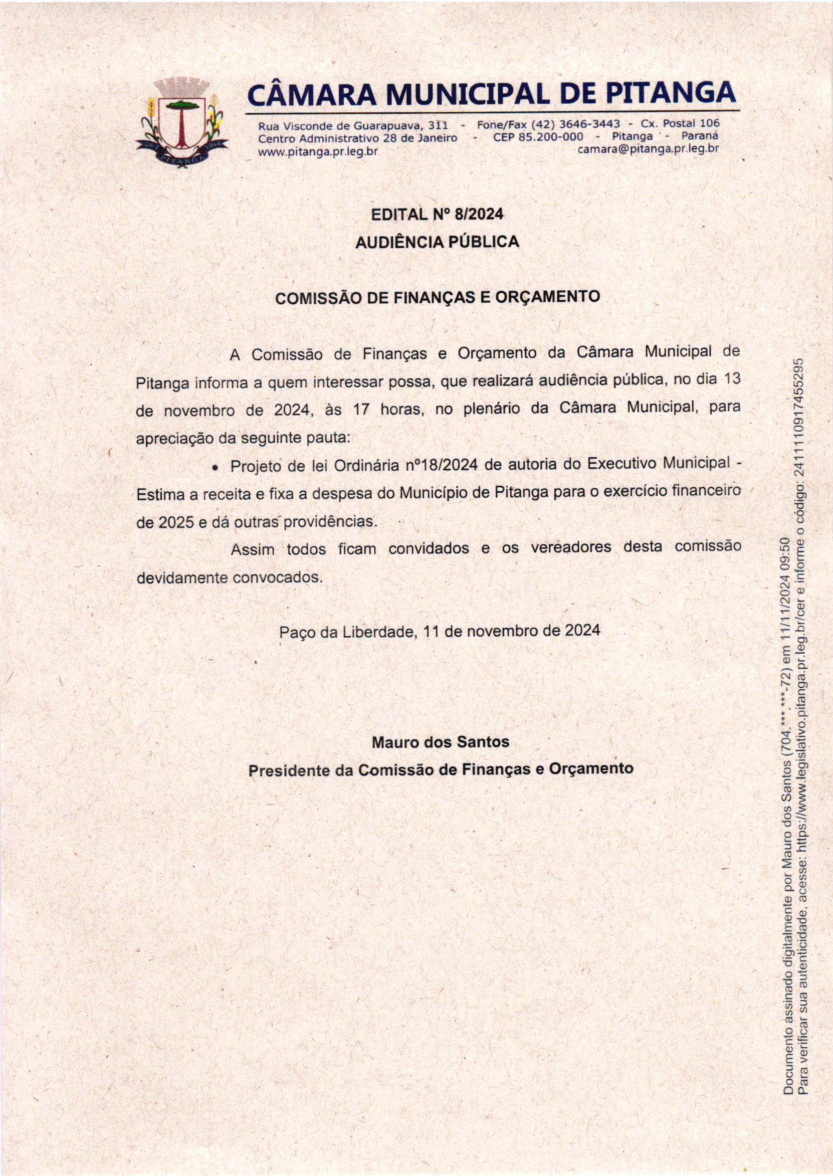 EDITAL Nº 8/2024 AUDIÊNCIA PÚBLICA  COMISSÃO DE FINANÇAS E ORÇAMENTO