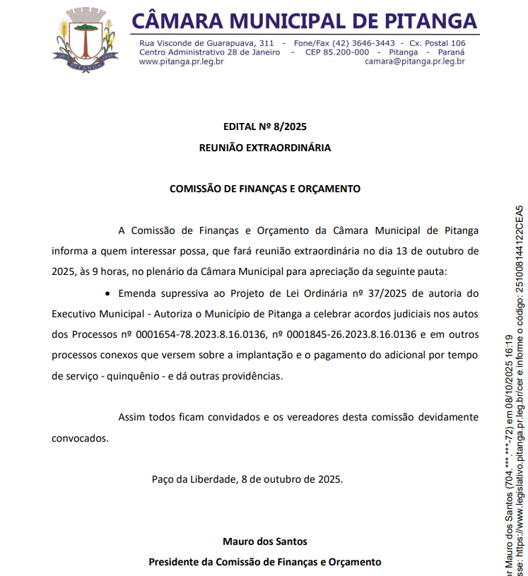 EDITAL Nº 8/2025  REUNIÃO EXTRAORDINÁRIA     COMISSÃO DE FINANÇAS E ORÇAMENTO
