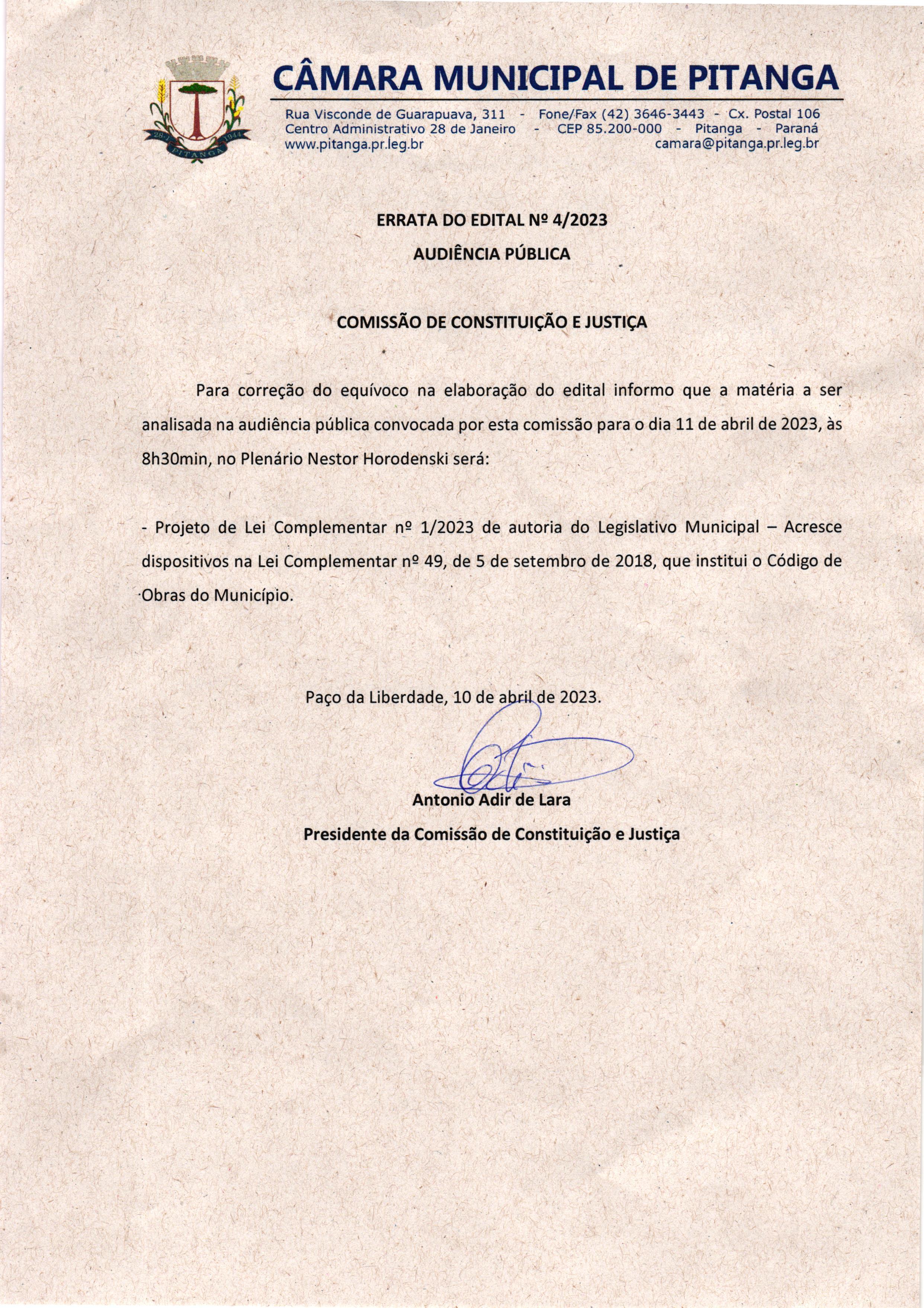 Errata do Edital nº 4/2023 - Audiência Pública