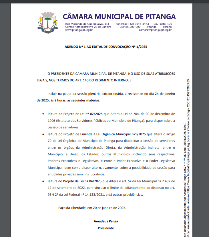 ADENDO Nº 1 AO EDITAL DE CONVOCAÇÃO Nº 1/2025