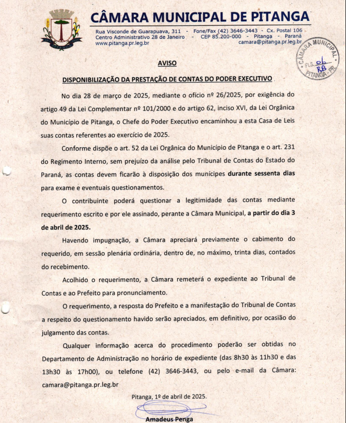 DISPONIBILIZACÃO DA PRESTACÃO DE CONTAS DO PODER EXECUTIVO