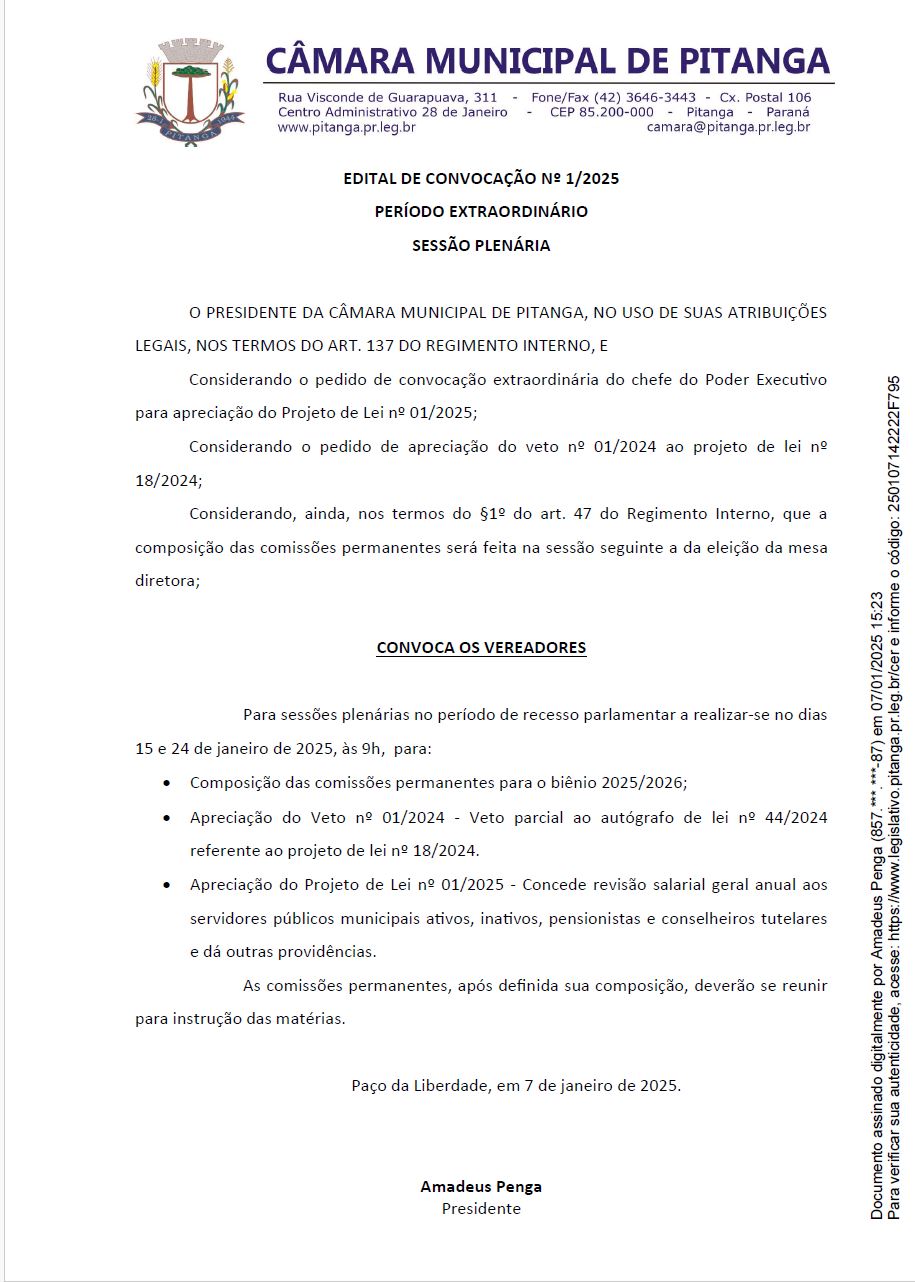 EDITAL DE CONVOCAÇÃO Nº 1/2025 SESSÃO EXTRAORDINÁRIA